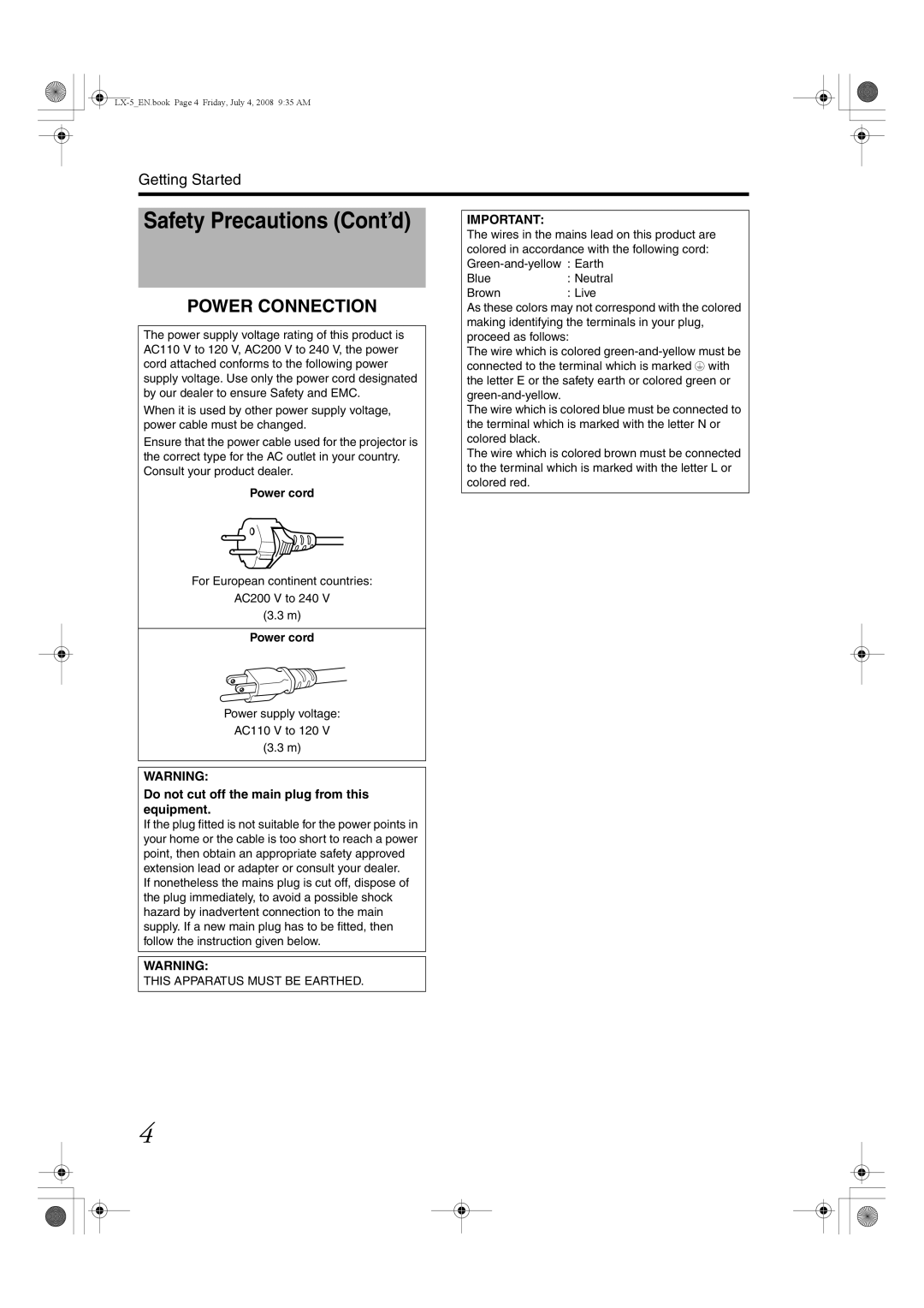 Barco LX-5 Safety Precautions Cont’d, Power cord, Do not cut off the main plug from this equipment, Neutral 