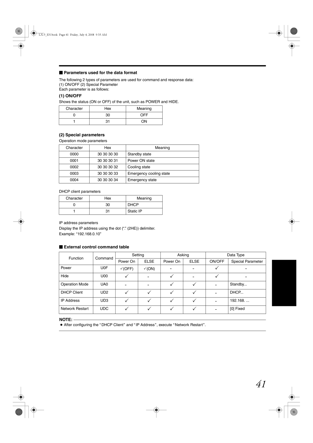 Barco LX-5 instruction manual  Parameters used for the data format, On/Off,  External control command table 