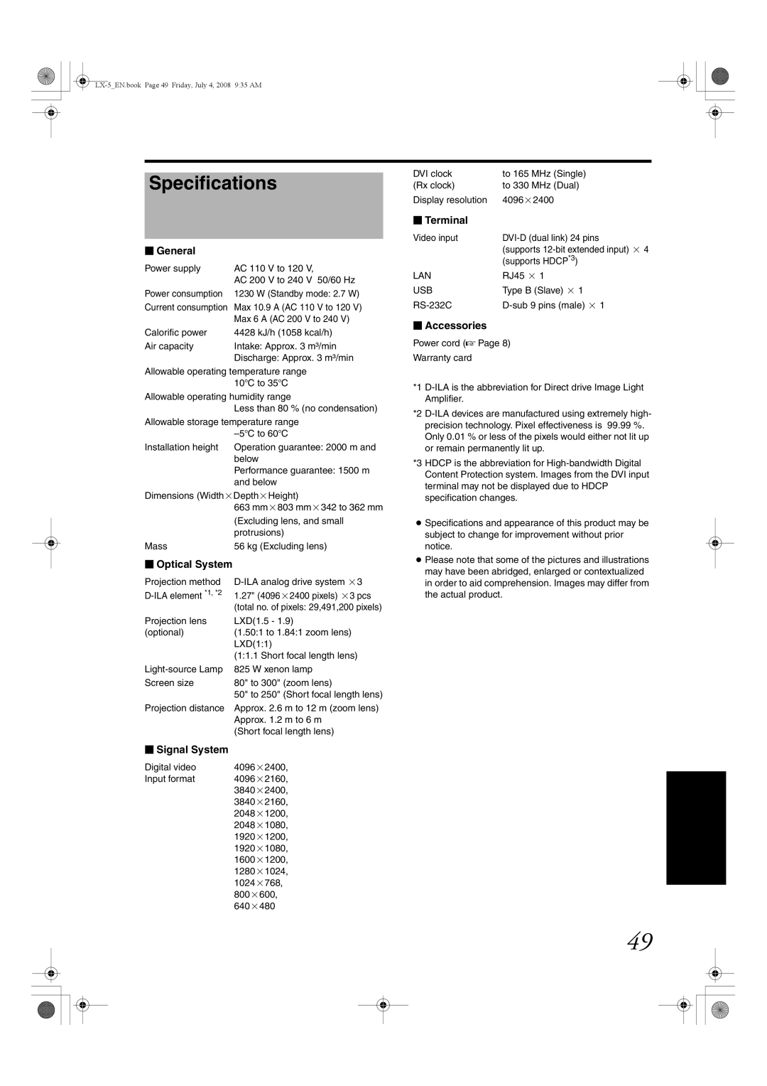 Barco LX-5 instruction manual Specifications 