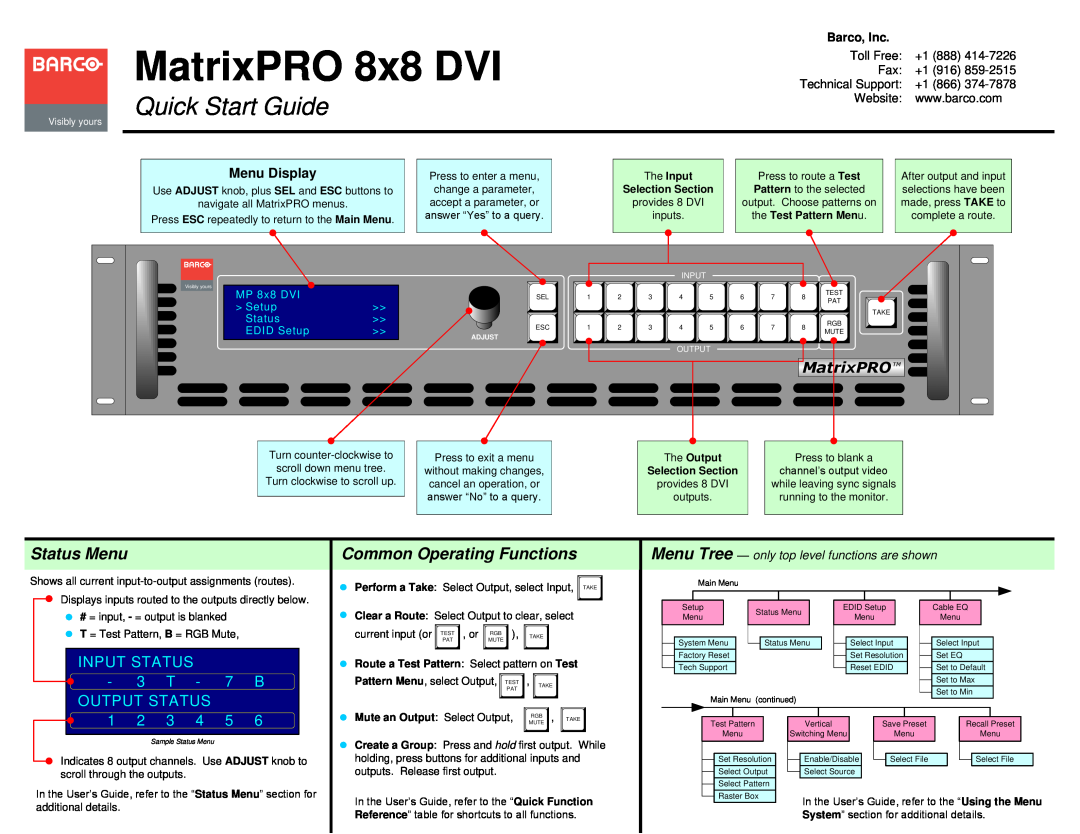 Barco matrix pro 8*8 DVI Status Menu, Common Operating Functions, Menu Display, The Input Selection Section, Input Status 