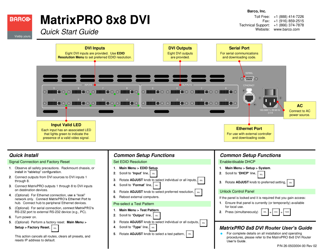 Barco matrix pro 8*8 DVI quick start Quick Install, Common Setup Functions, MatrixPRO 8x8 DVI Router User’s Guide 