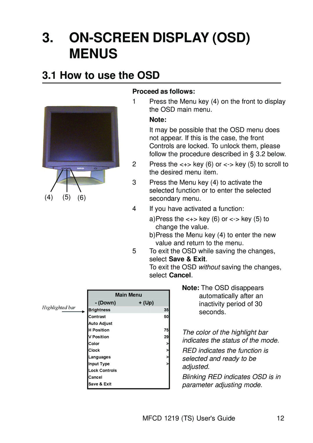 Barco MCFD 1219 - MCFD 1219 TS user manual ON-SCREEN Display OSD Menus, How to use the OSD, Select Save & Exit 