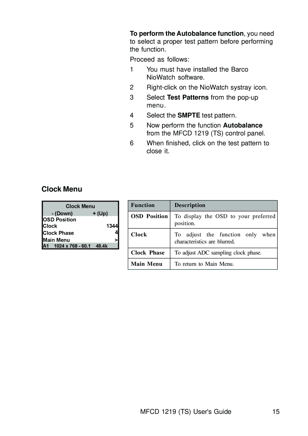 Barco MCFD 1219 - MCFD 1219 TS user manual Clock Menu 