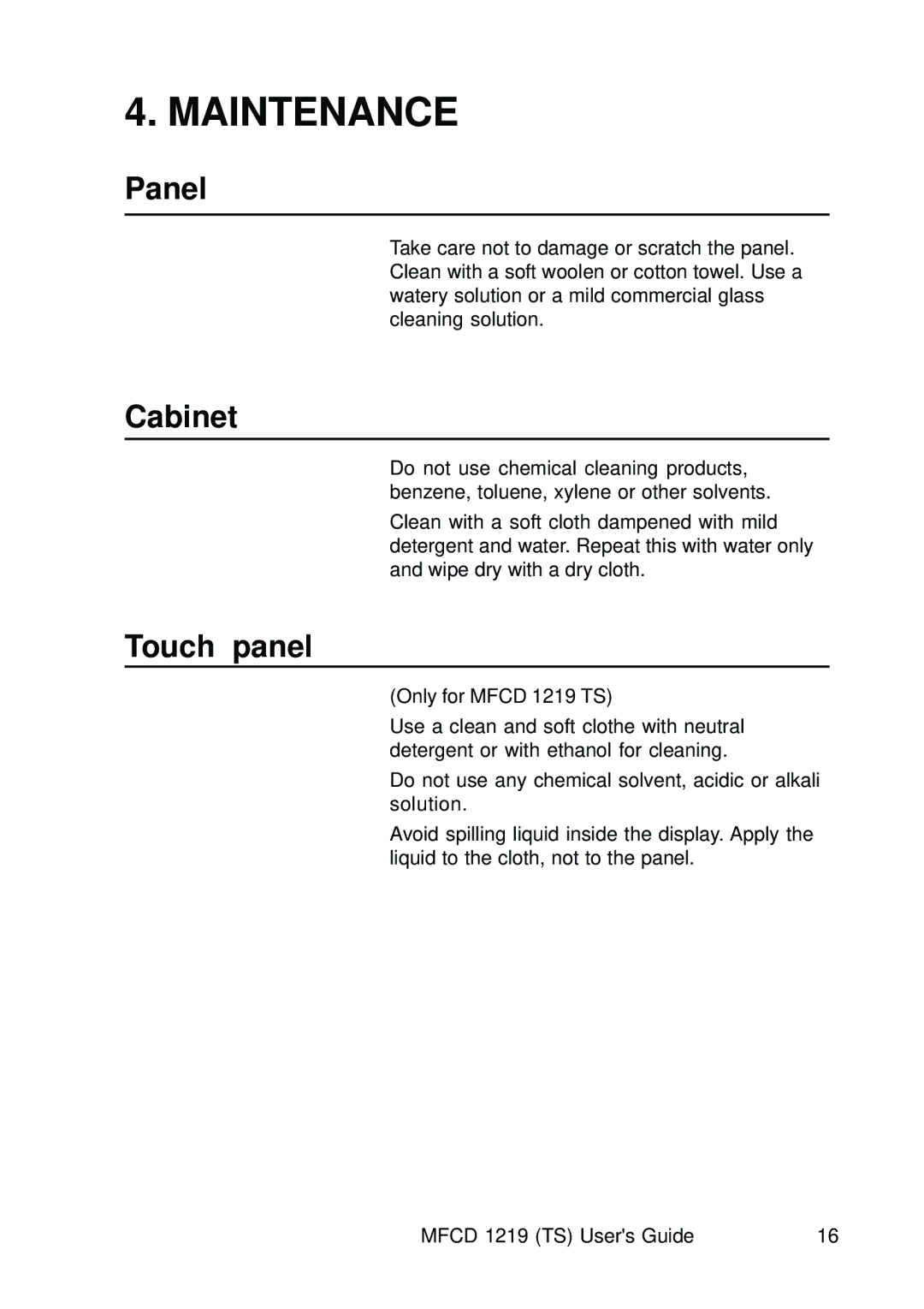 Barco MCFD 1219 - MCFD 1219 TS user manual Maintenance, Panel, Cabinet, Touch panel 