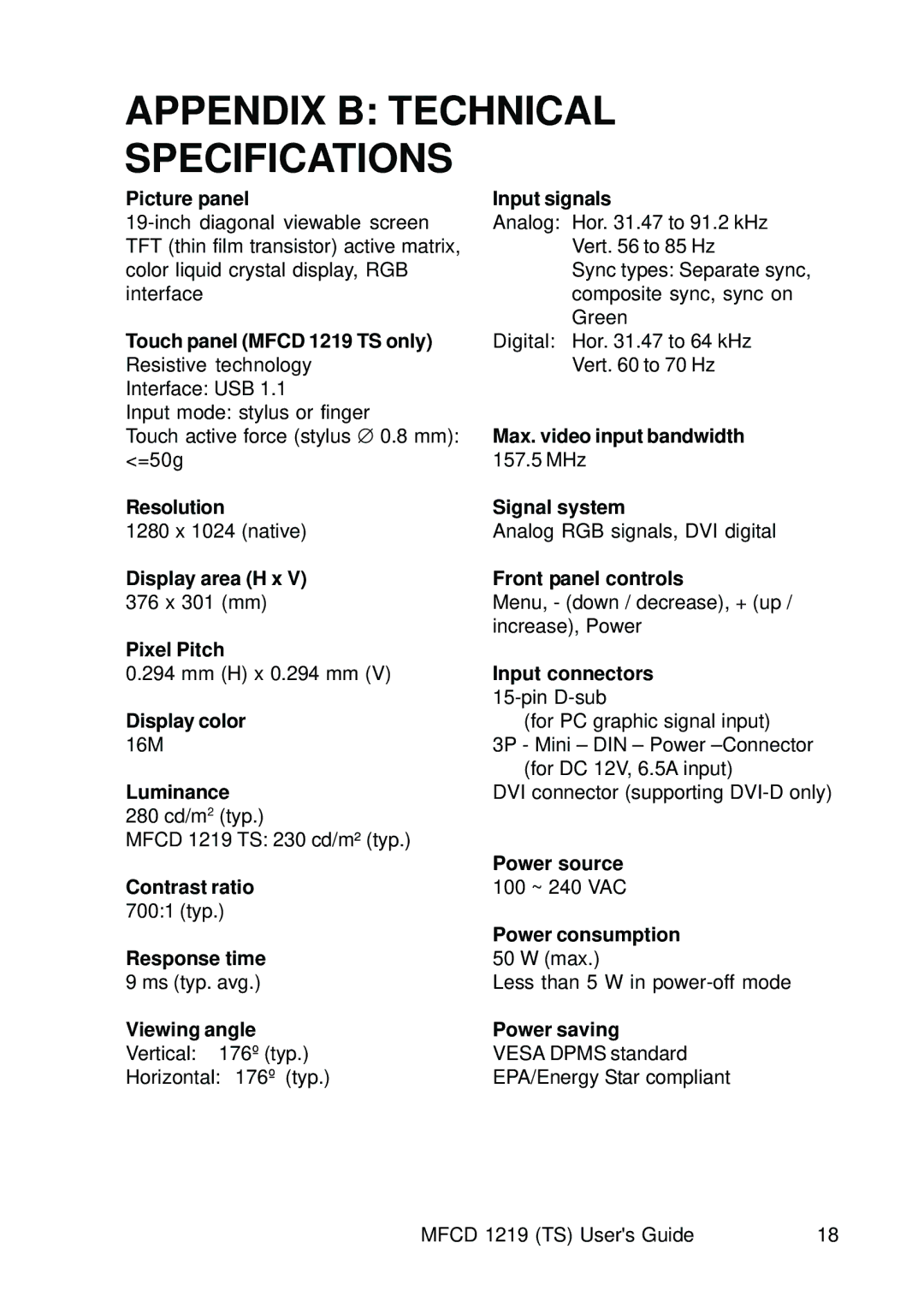 Barco MCFD 1219 - MCFD 1219 TS user manual Appendix B Technical Specifications 