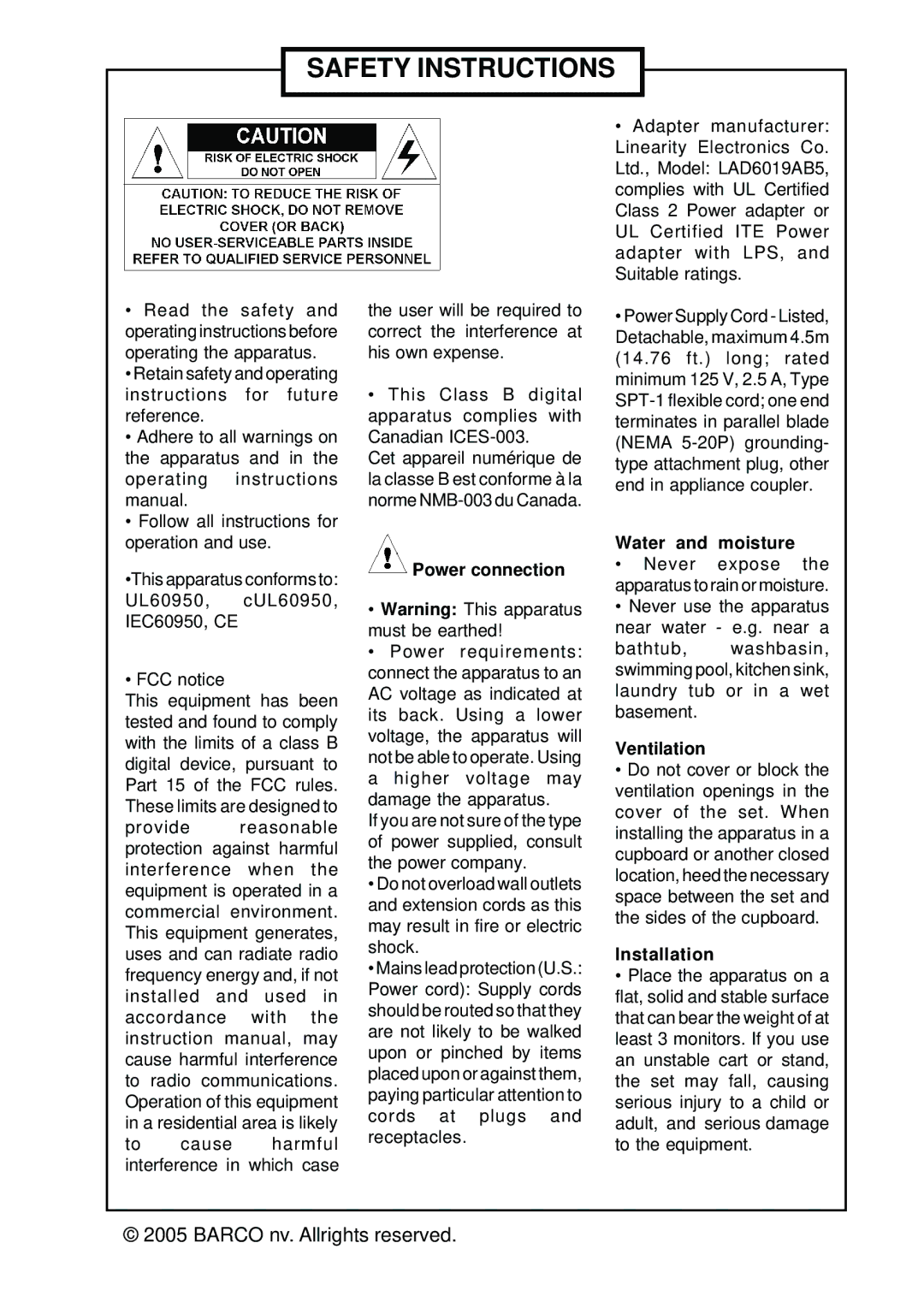 Barco MCFD 1219 - MCFD 1219 TS user manual Safety Instructions 