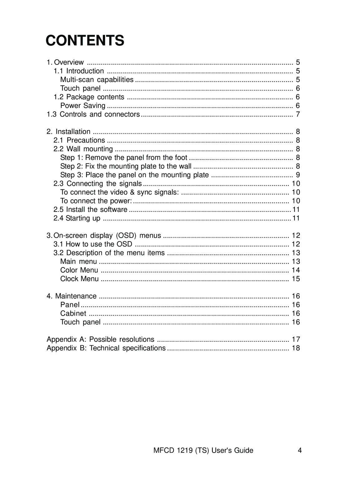 Barco MCFD 1219 - MCFD 1219 TS user manual Contents 