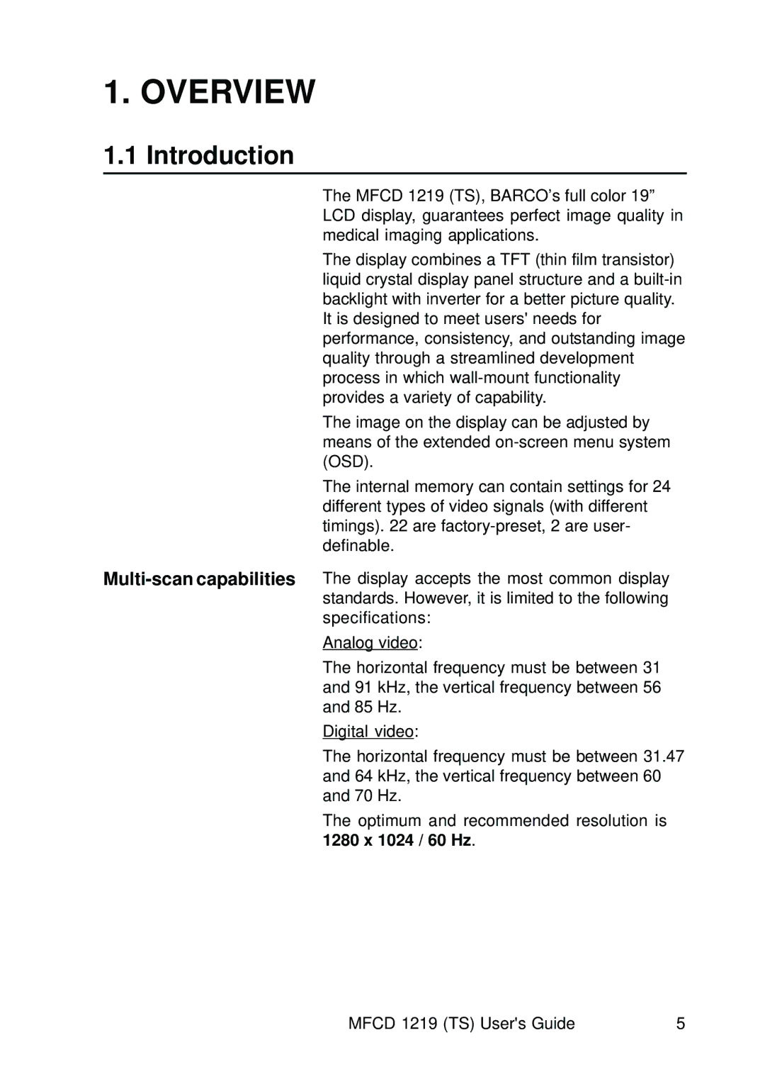 Barco MCFD 1219 - MCFD 1219 TS user manual Overview, Introduction 