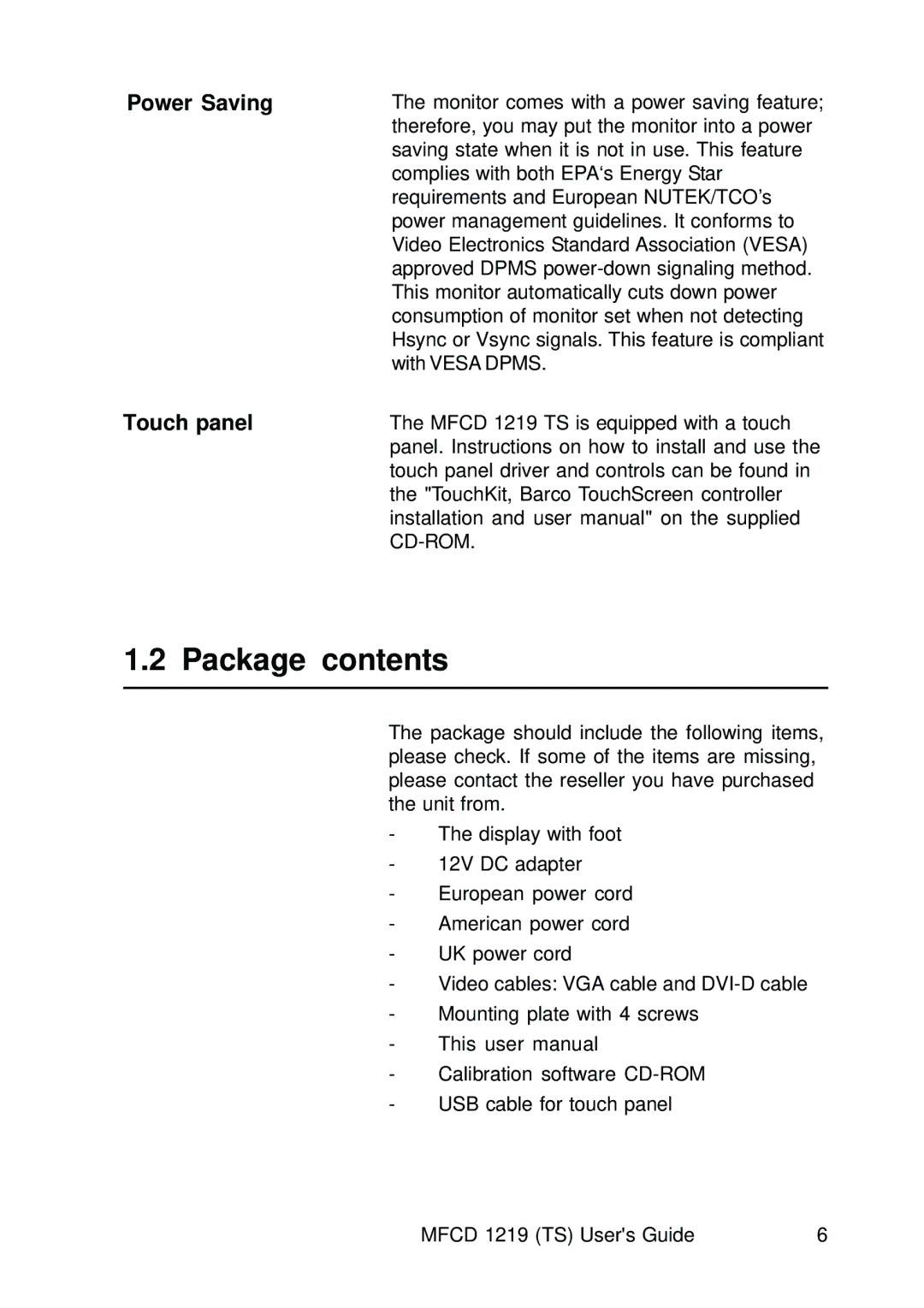 Barco MCFD 1219 - MCFD 1219 TS user manual Package contents 