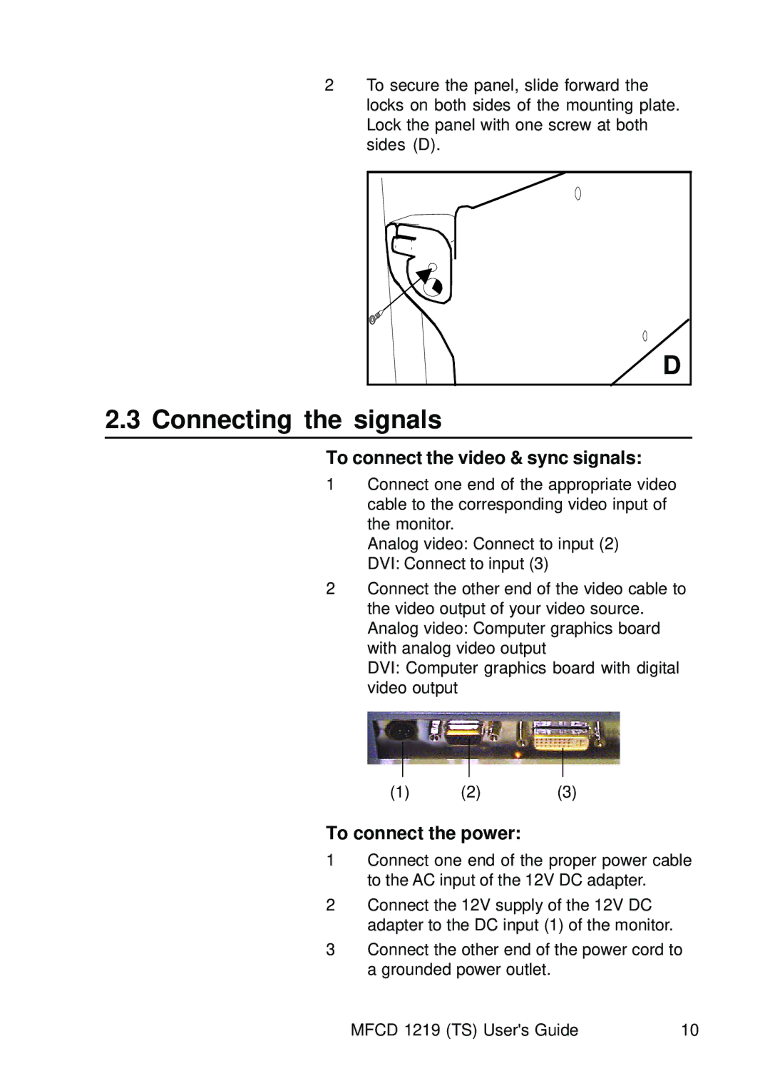 Barco MCFD 1219 - MCFD 1219 TS Connecting the signals, To connect the video & sync signals, To connect the power 