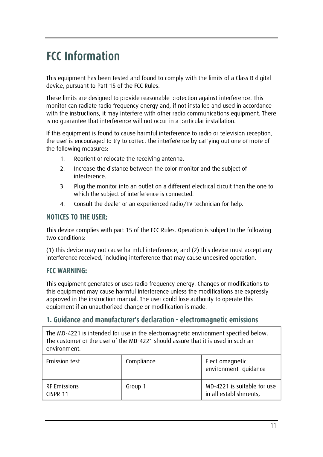 Barco MD-4221 user manual FCC Information, FCC Warning 