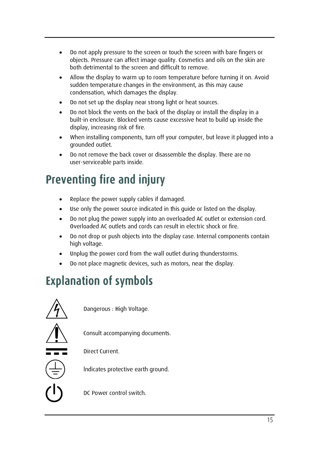 Barco MD-4221 user manual Preventing fire and injury, Explanation of symbols 