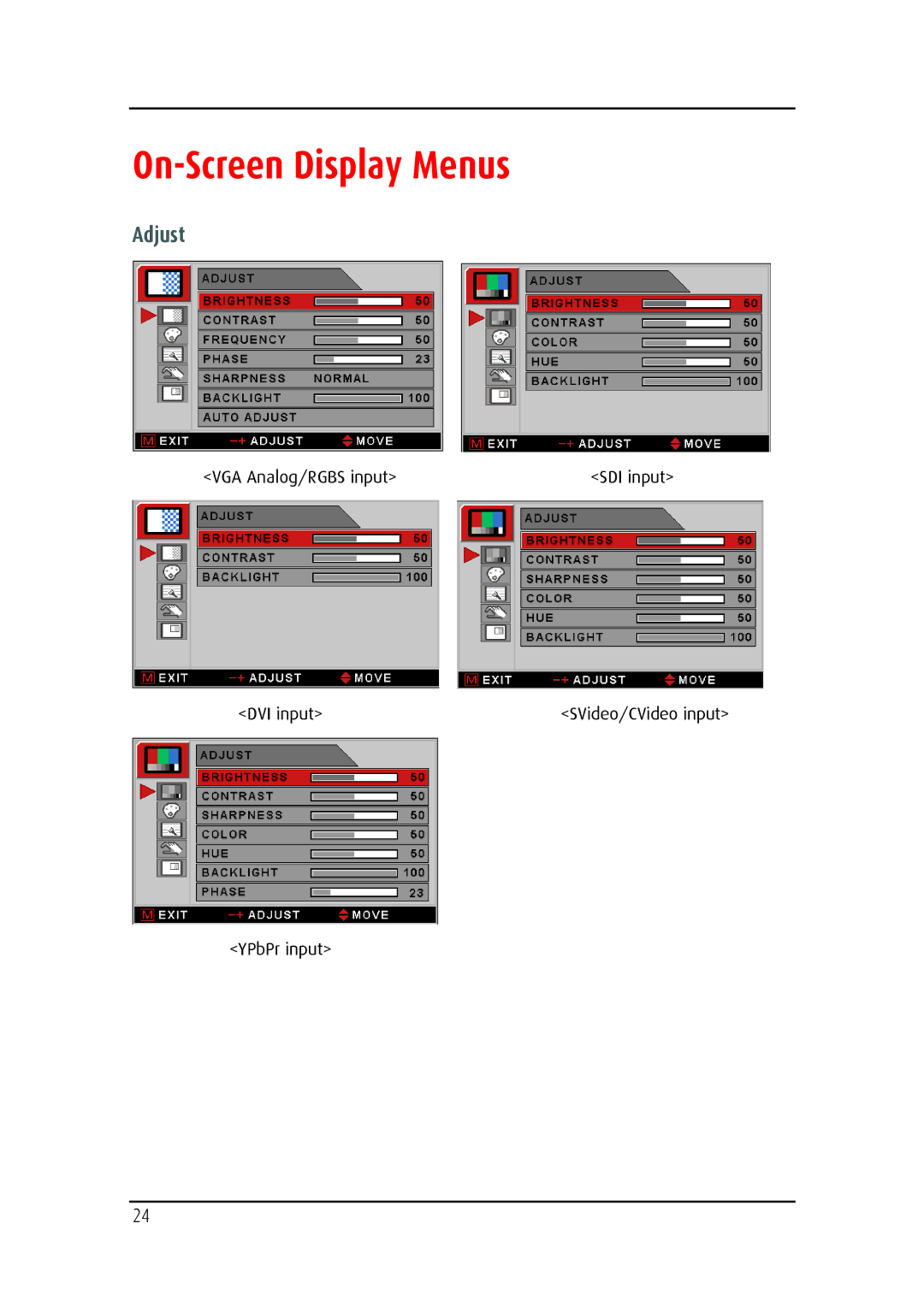 Barco MD-4221 user manual On-Screen Display Menus, Adjust 