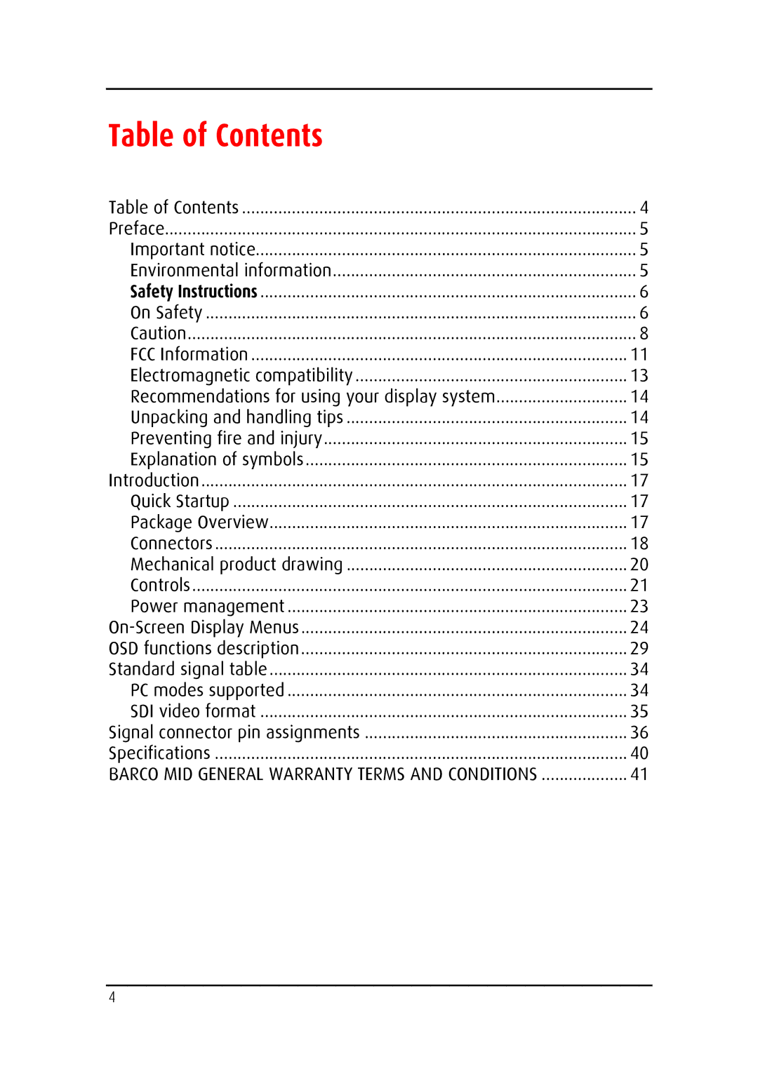 Barco MD-4221 user manual Table of Contents 