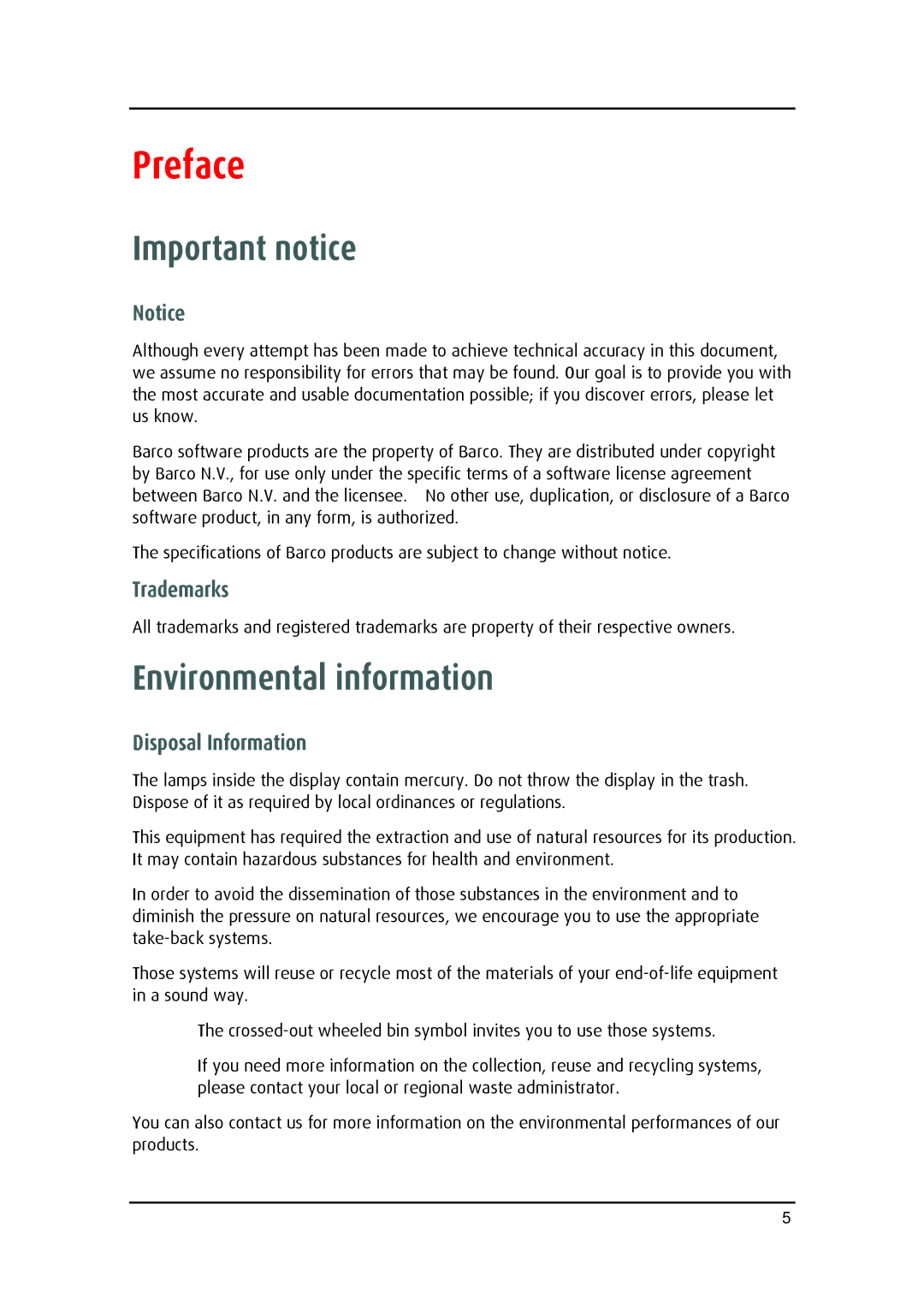 Barco MD-4221 user manual Preface, Important notice, Environmental information, Trademarks, Disposal Information 