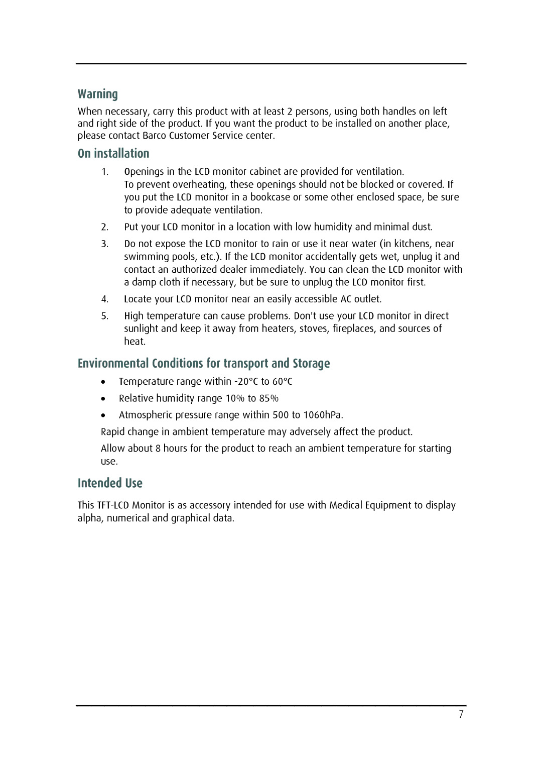 Barco MD-4221 user manual On installation, Environmental Conditions for transport and Storage, Intended Use 