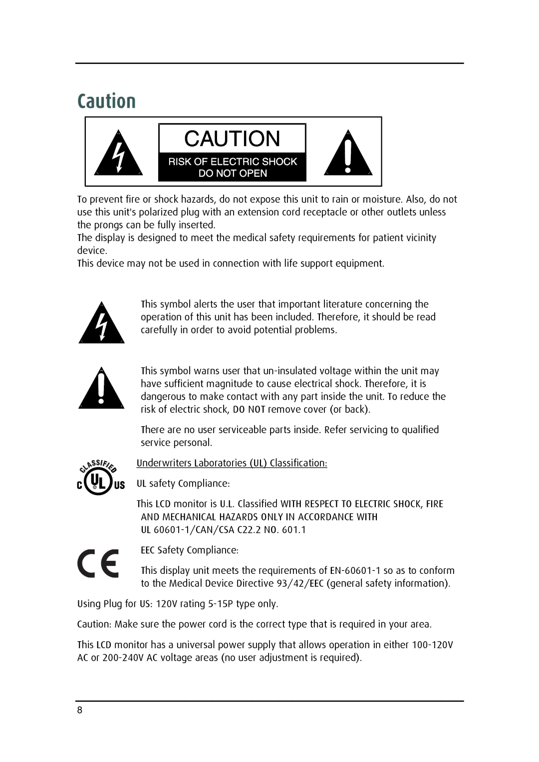 Barco MD-4221 user manual UL 60601-1/CAN/CSA C22.2 no EEC Safety Compliance 