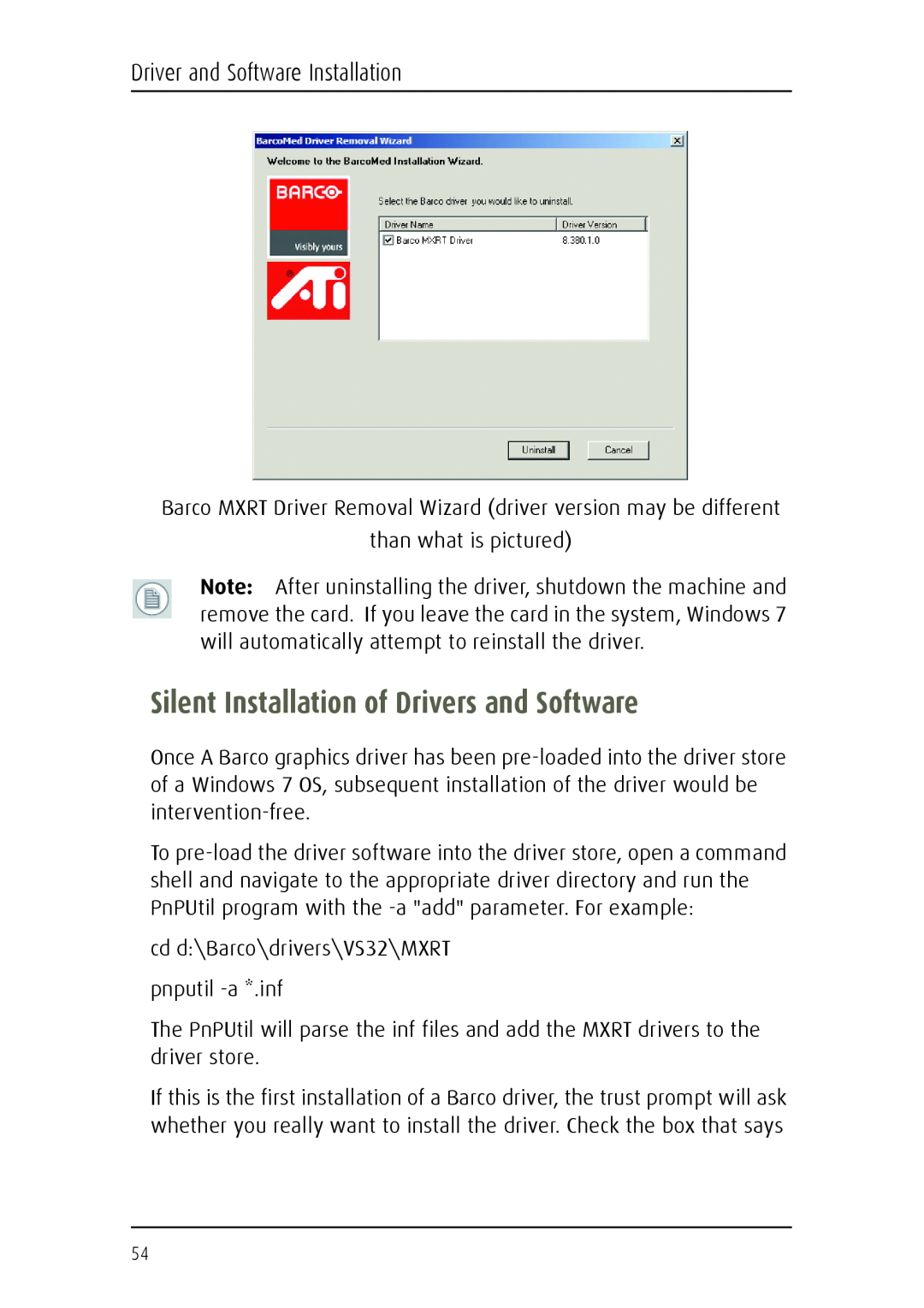 Barco MDCC 6130 manual Silent Installation of Drivers and Software, Driver and Software Installation 