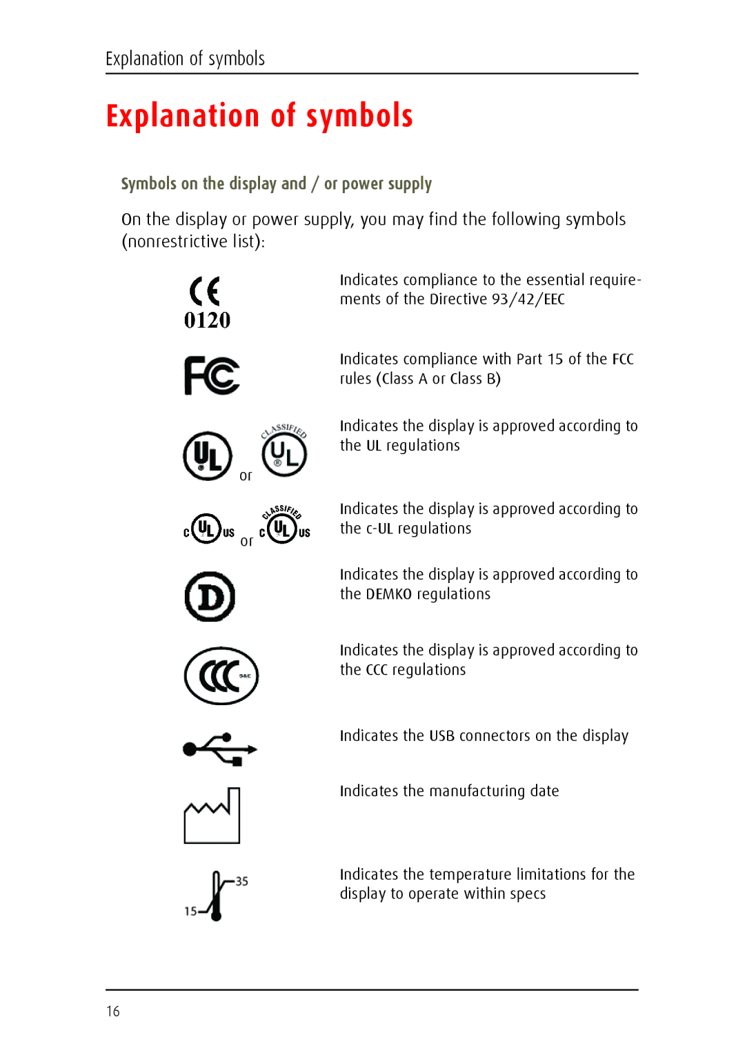 Barco MDCC 6130 manual Explanation of symbols, Symbols on the display and / or power supply 