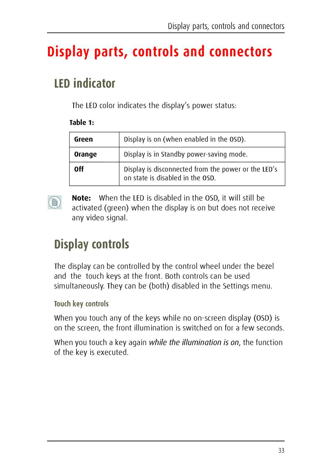 Barco MDCC 6130 manual Display parts, controls and connectors, LED indicator, Display controls, Touch key controls 