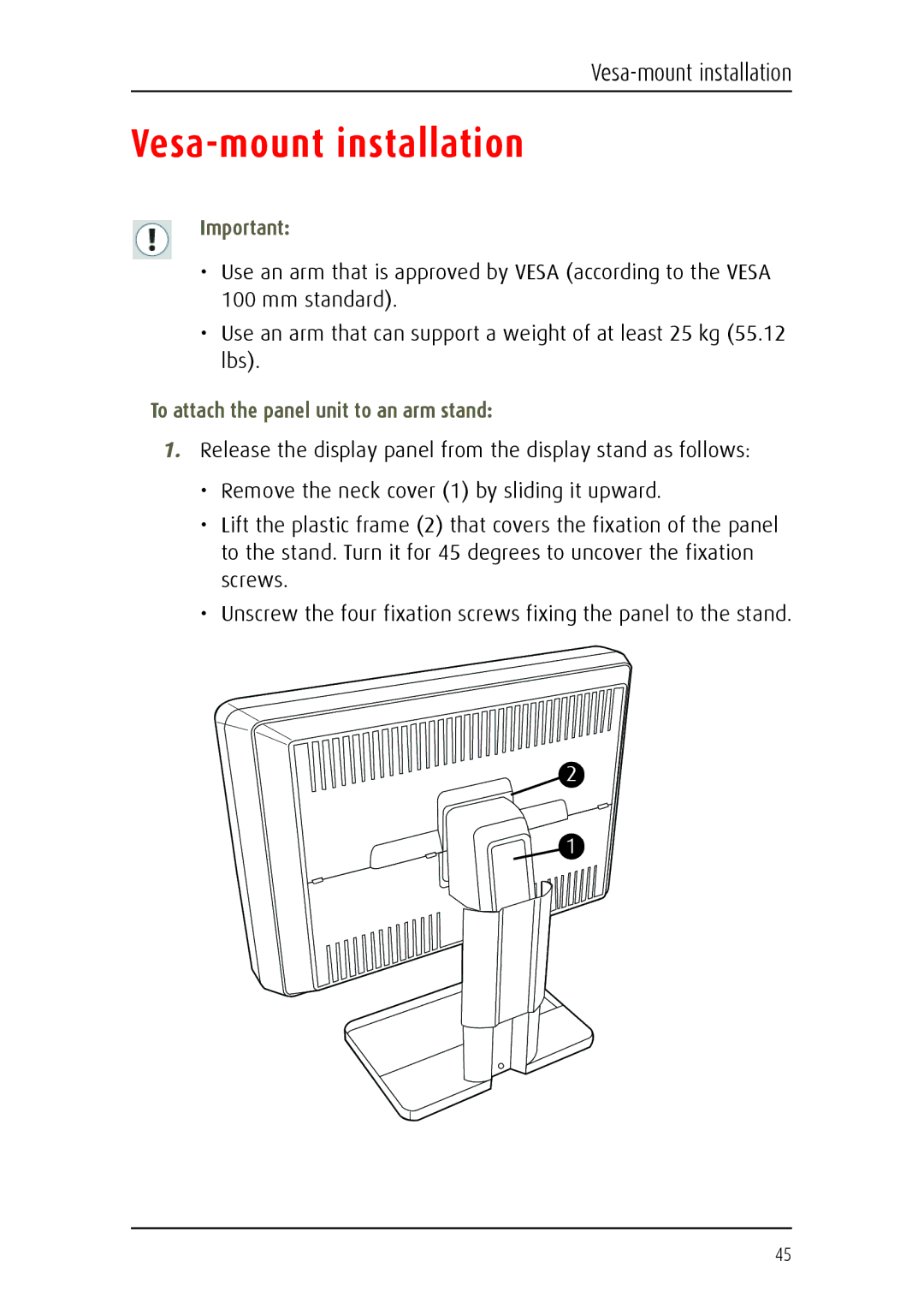 Barco MDCC 6130 manual Vesa-mount installation, To attach the panel unit to an arm stand 