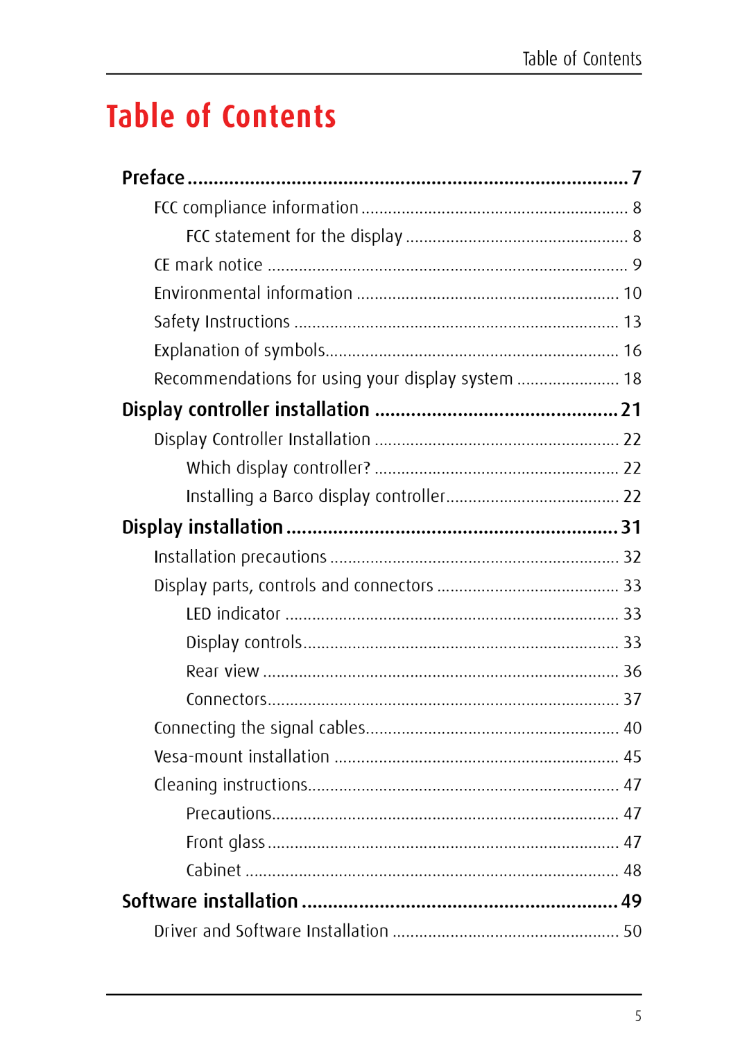 Barco MDCC 6130 manual Table of Contents 