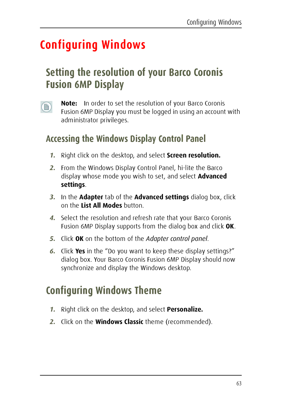 Barco MDCC 6130 manual Configuring Windows Theme 