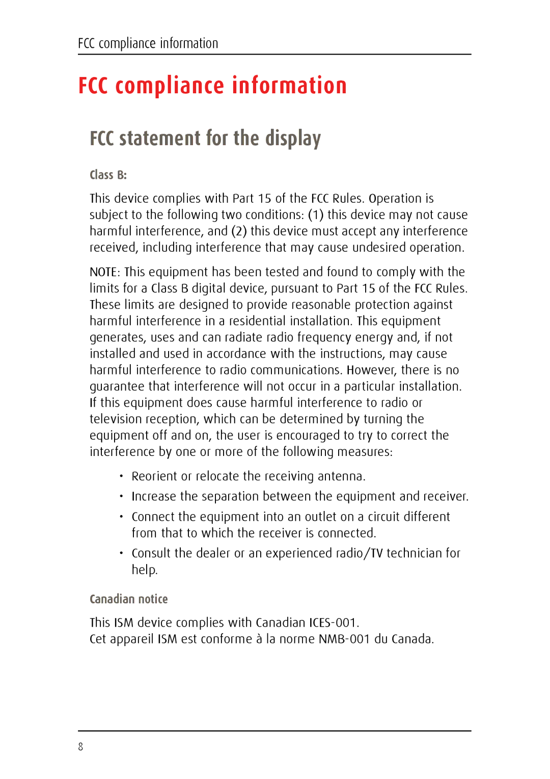 Barco MDCC 6130 manual FCC compliance information, FCC statement for the display, Class B, Canadian notice 