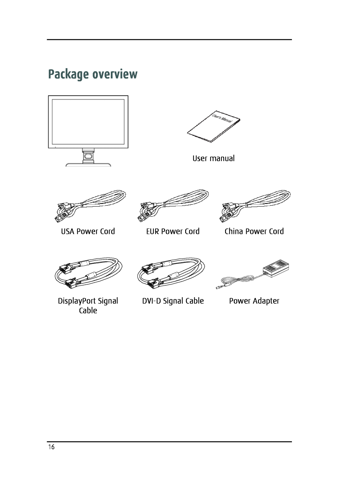 Barco MDRC-2124 user manual Package overview, User manual, USA Power Cord, EUR Power Cord, DVI-D Signal Cable 