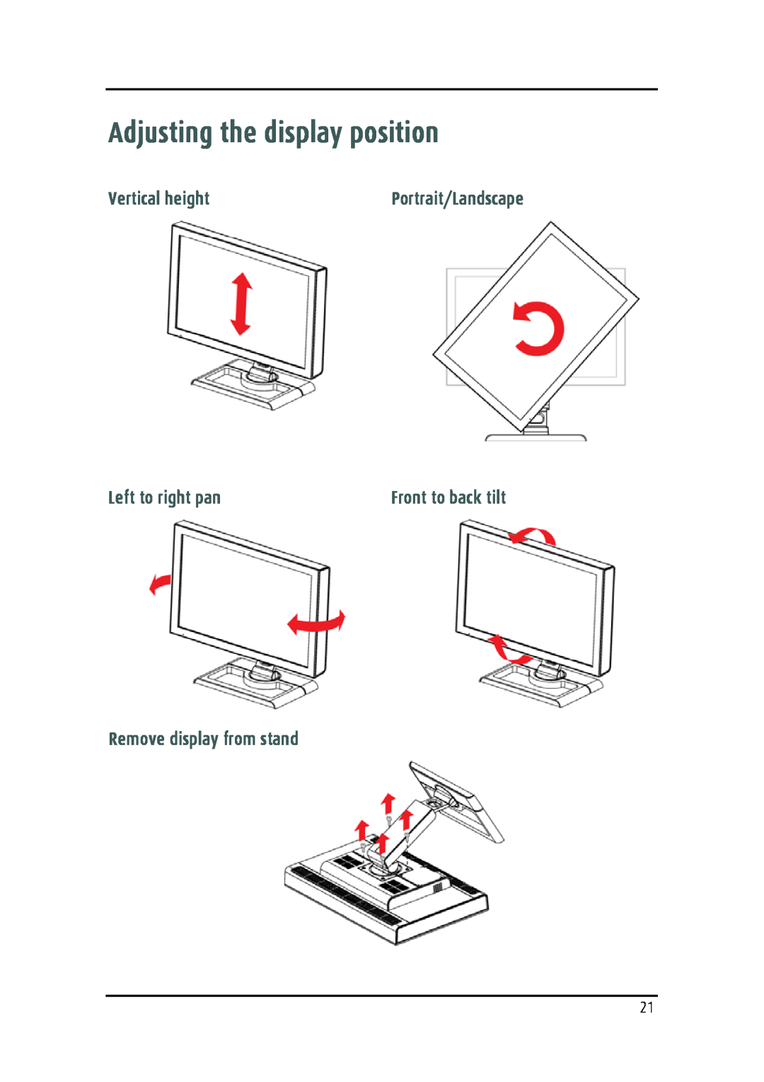Barco MDRC-2124 user manual Adjusting the display position, Vertical height, Left to right pan, Remove display from stand 