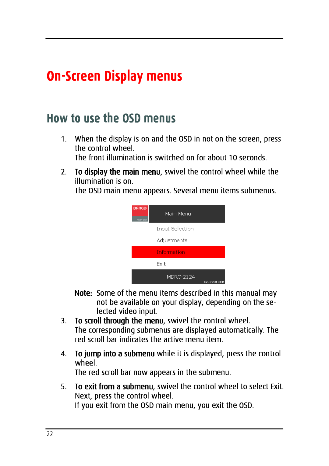 Barco MDRC-2124 user manual On-Screen Display menus, How to use the OSD menus 