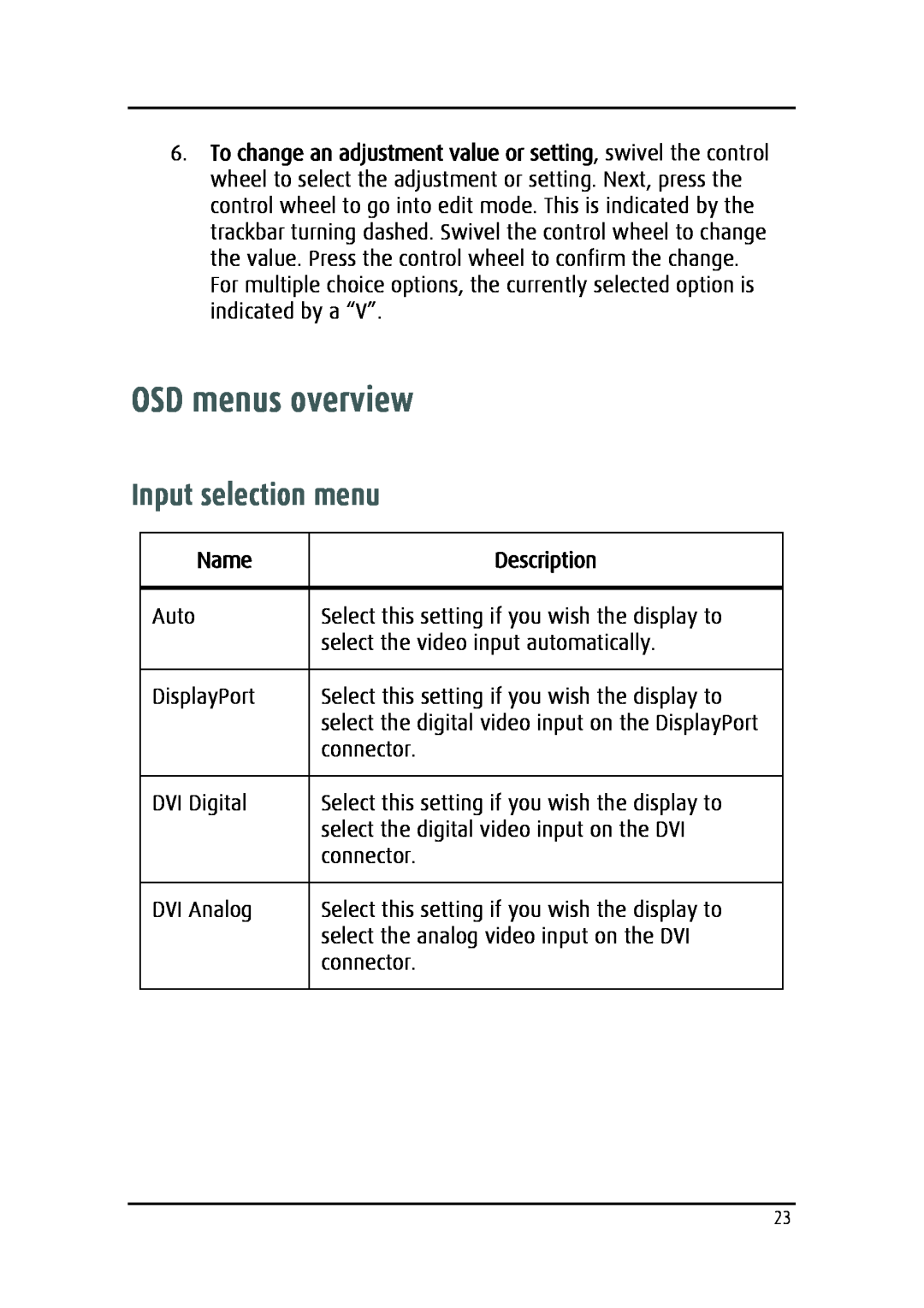 Barco MDRC-2124 user manual OSD menus overview, Input selection menu 