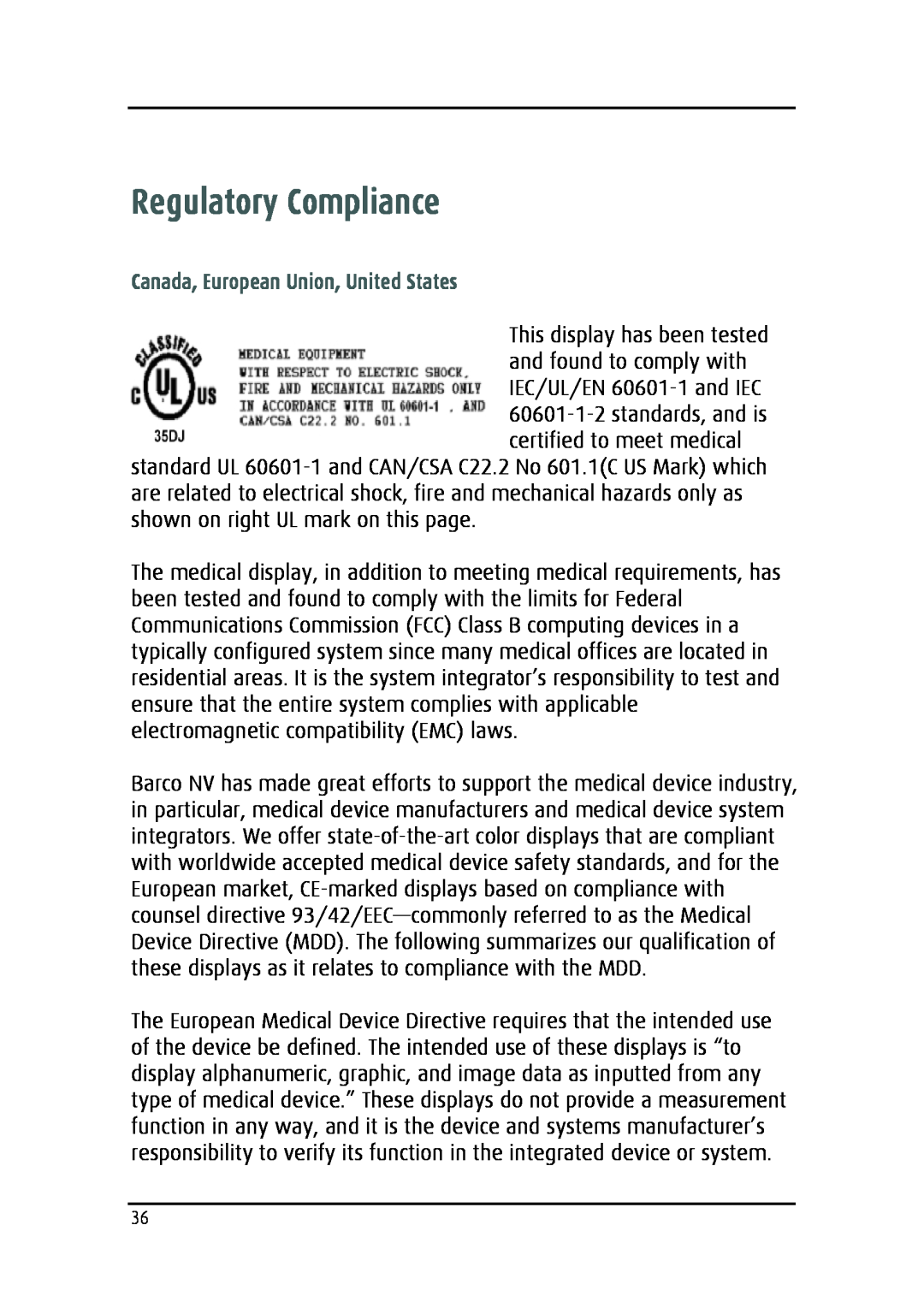 Barco MDRC-2124 user manual Regulatory Compliance, Canada, European Union, United States 