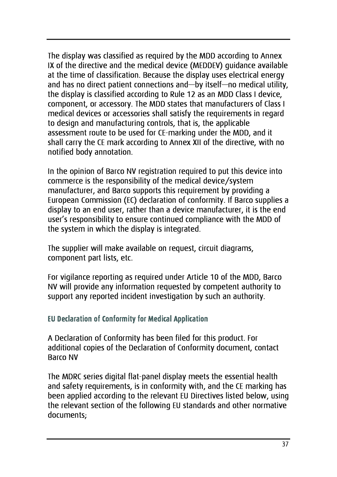 Barco MDRC-2124 user manual EU Declaration of Conformity for Medical Application 