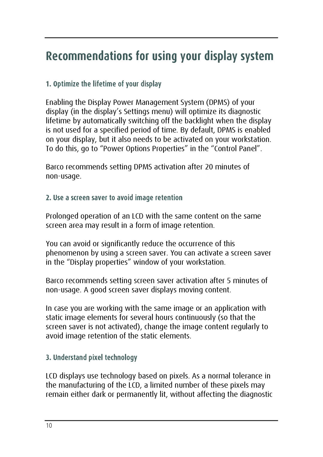 Barco MDRC-2124 user manual Optimize the lifetime of your display, Use a screen saver to avoid image retention 