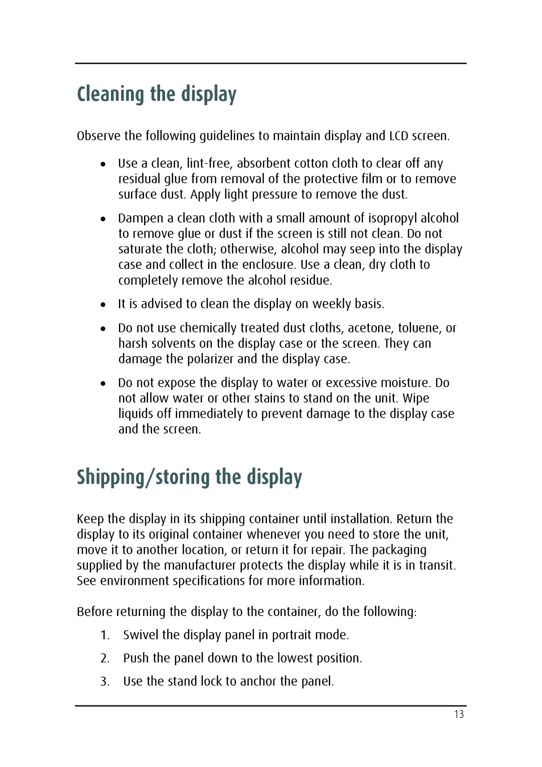 Barco MDRC-2124 user manual Cleaning the display, Shipping/storing the display 