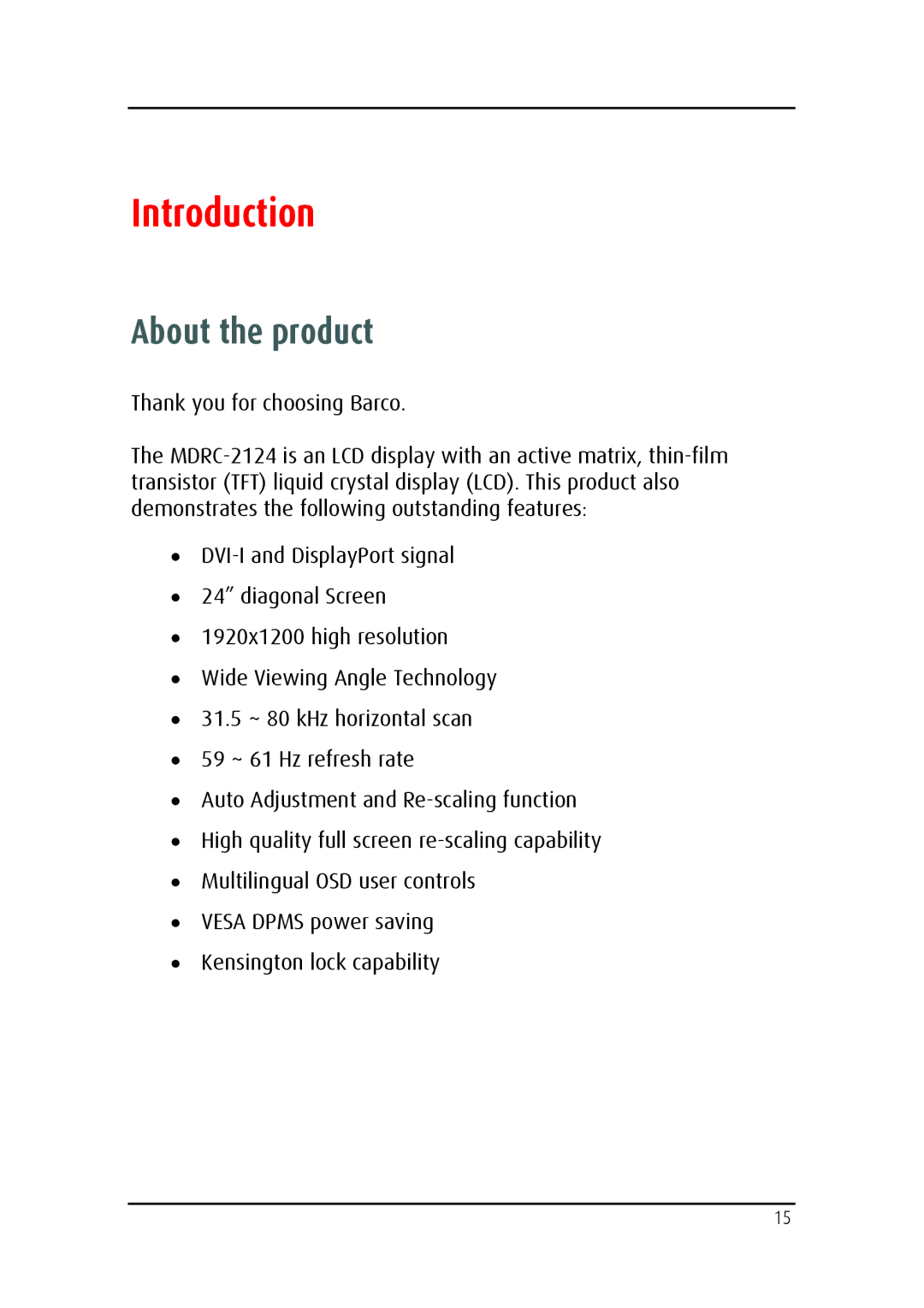 Barco MDRC-2124 user manual Introduction, About the product 