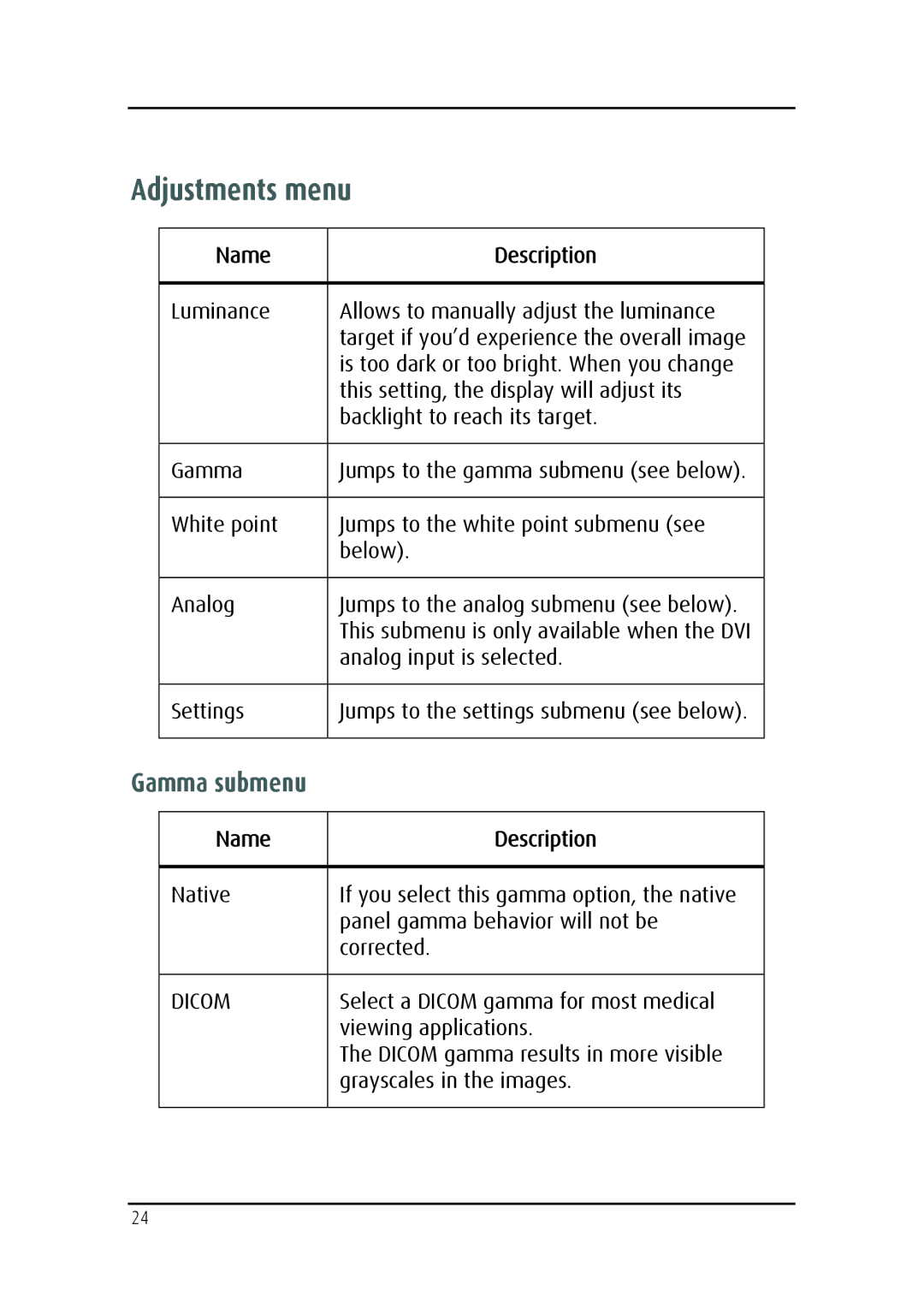 Barco MDRC-2124 user manual Adjustments menu 