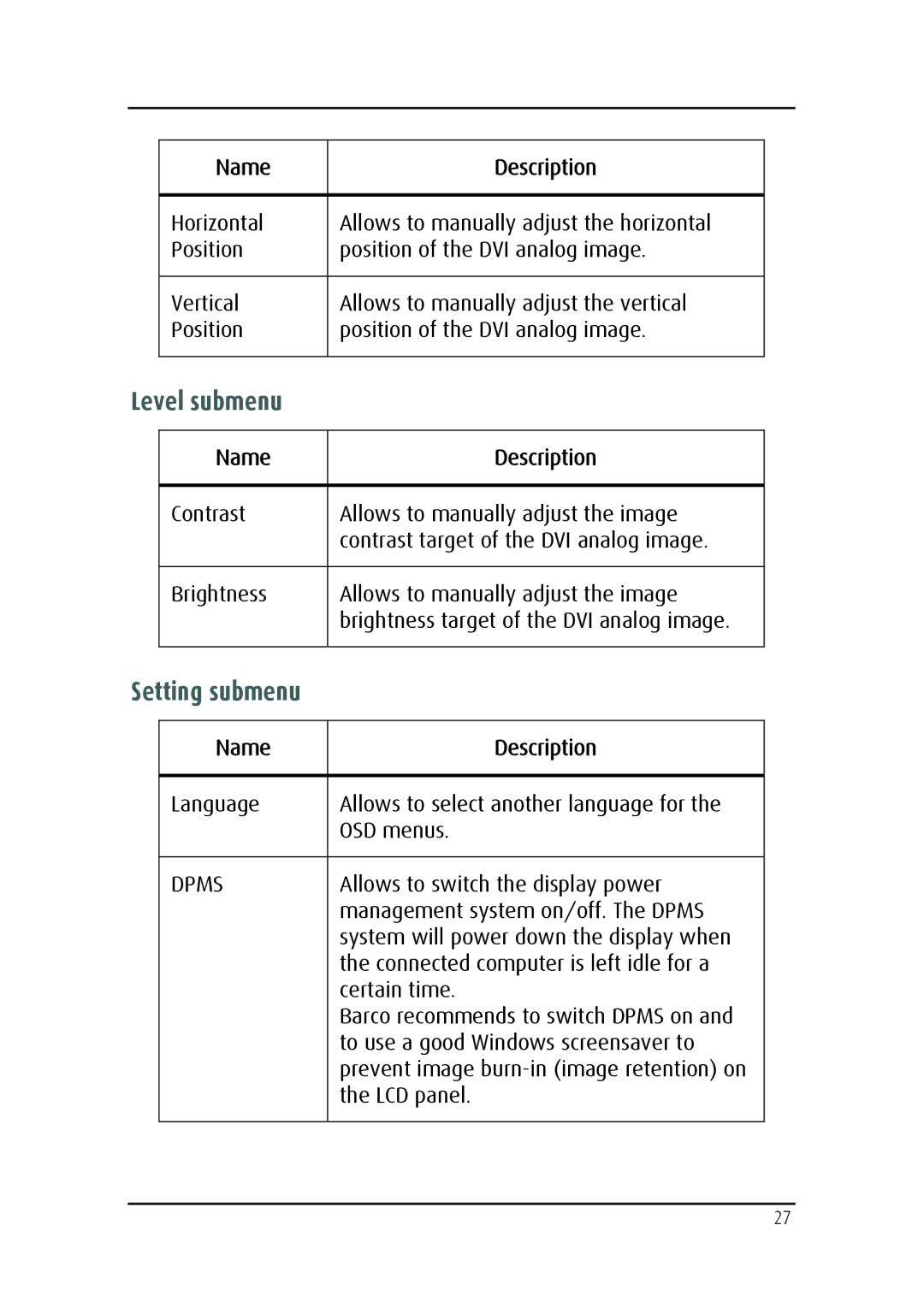 Barco MDRC-2124 user manual Level submenu 