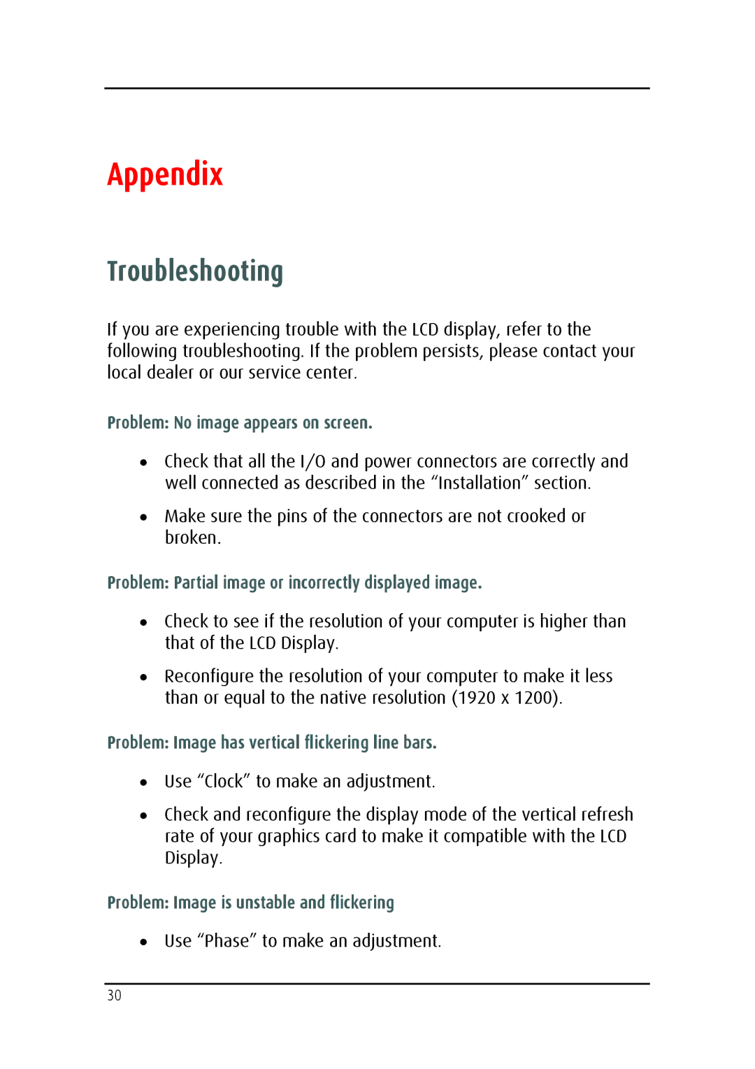 Barco MDRC-2124 user manual Appendix, Troubleshooting 