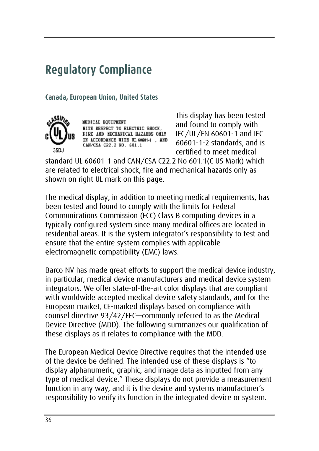 Barco MDRC-2124 user manual Regulatory Compliance, Canada, European Union, United States 