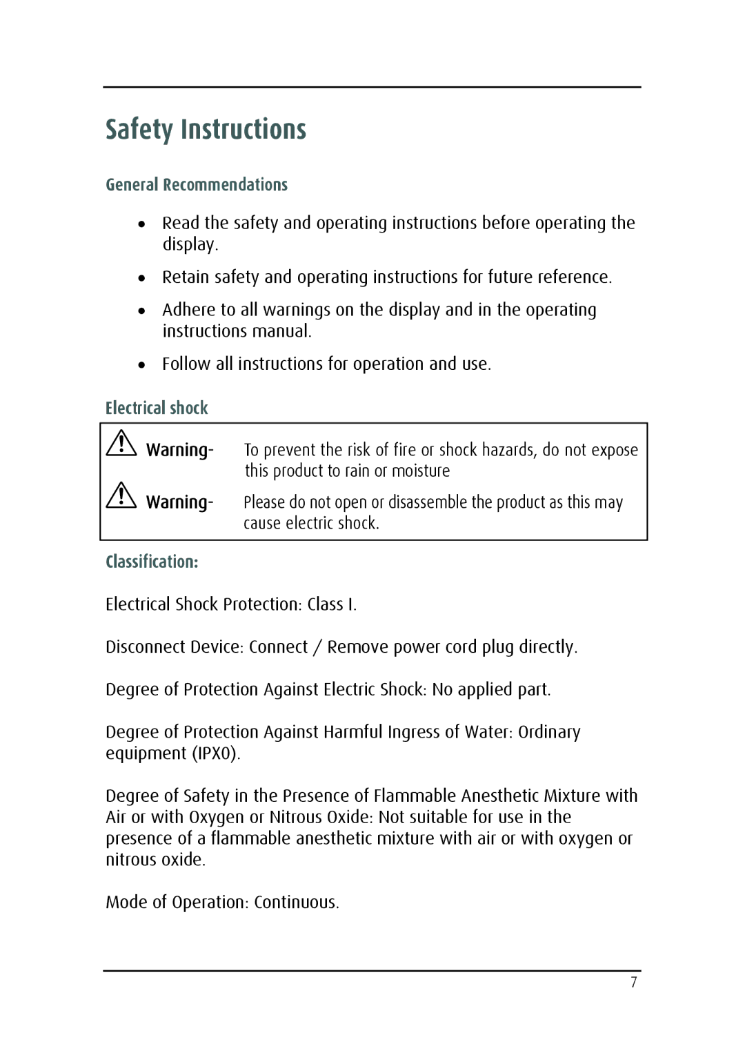 Barco MDRC-2124 user manual Safety Instructions, General Recommendations, Electrical shock Classification 