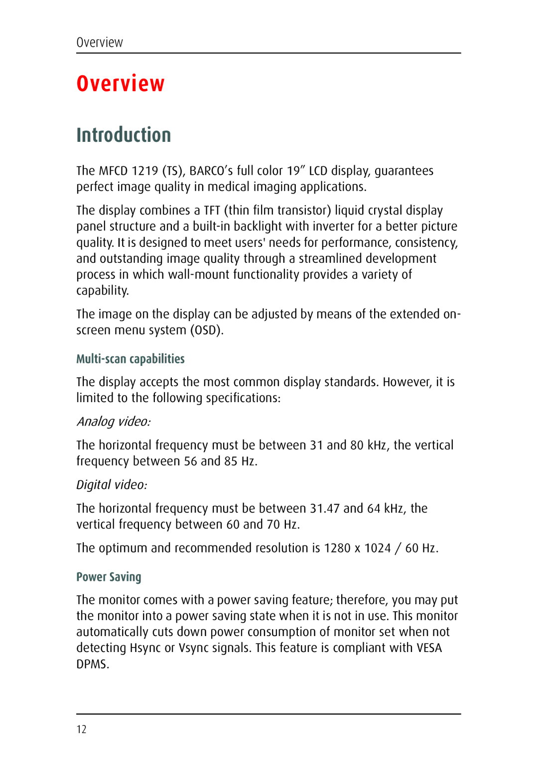 Barco MFCD 1219 (TS) user manual Overview, Introduction, Multi-scan capabilities, Power Saving 