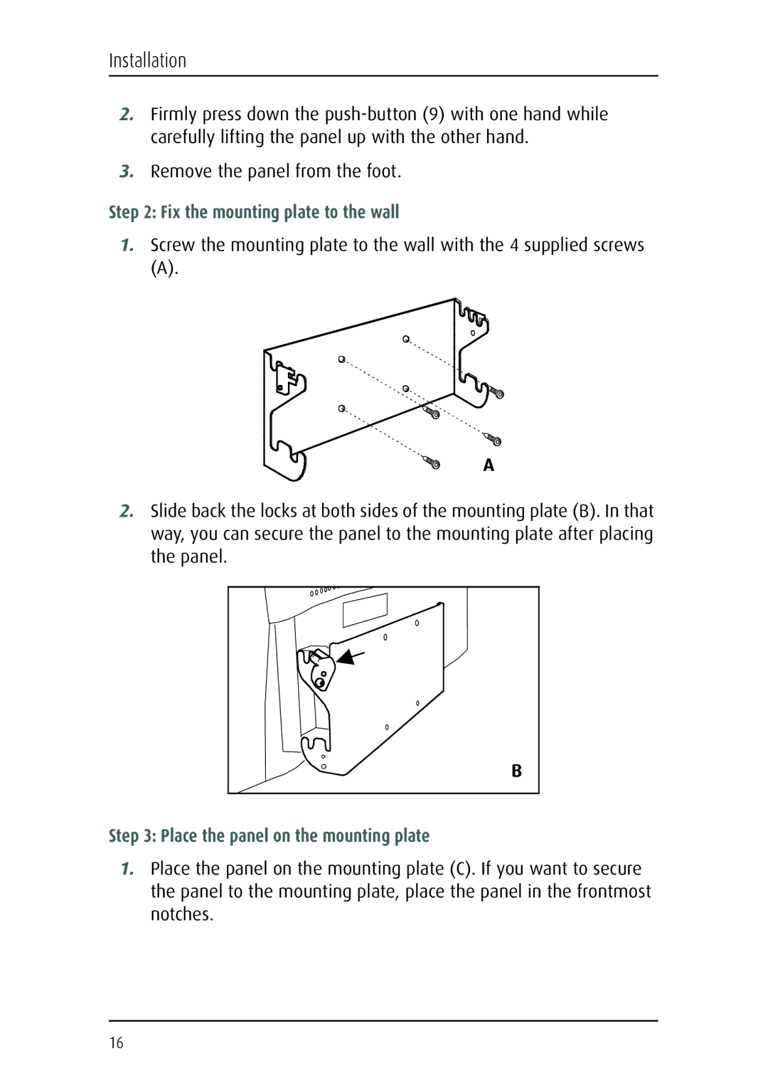 Barco MFCD 1219 (TS) user manual Fix the mounting plate to the wall, Place the panel on the mounting plate 