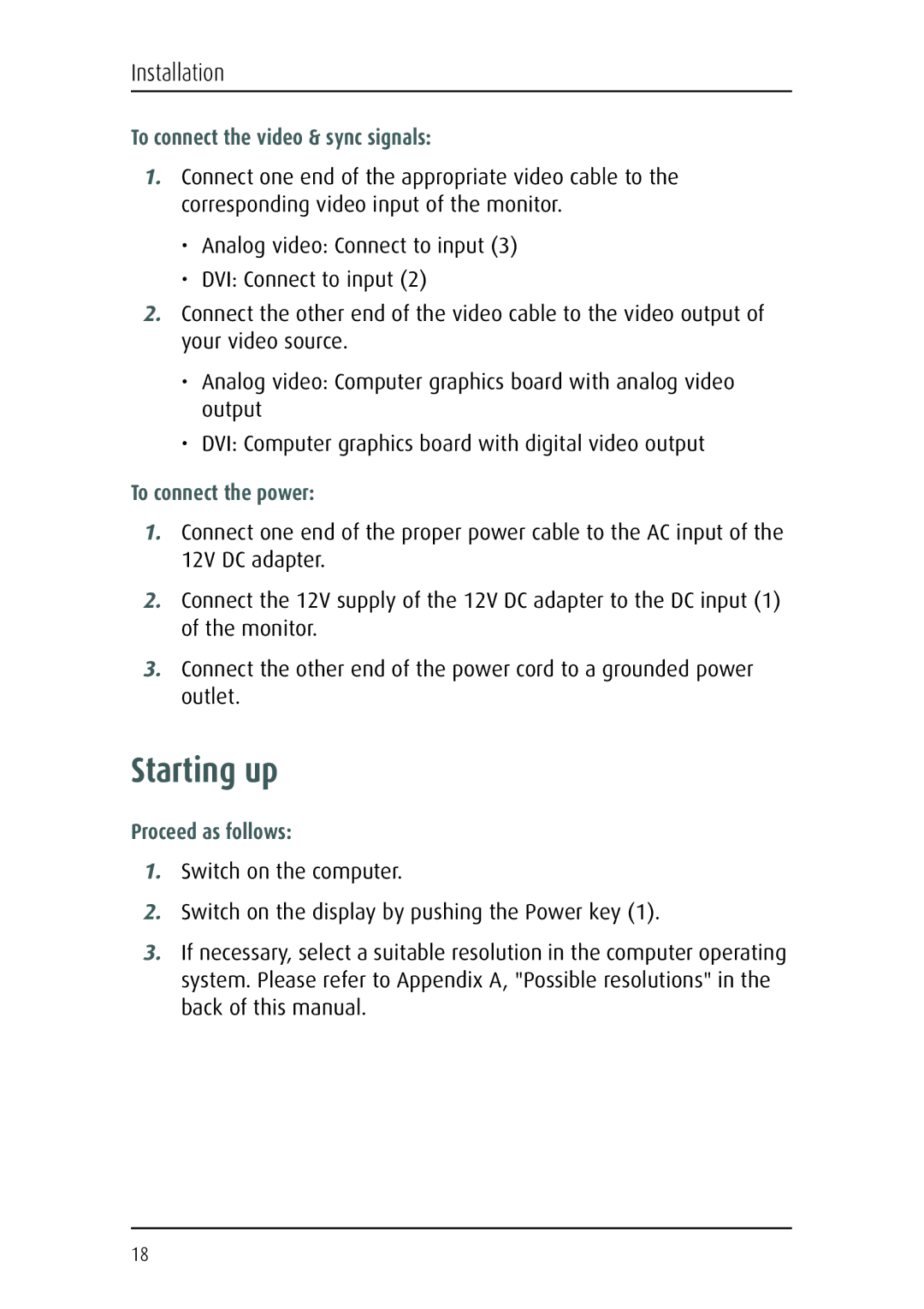 Barco MFCD 1219 (TS) user manual Starting up, To connect the video & sync signals, To connect the power, Proceed as follows 