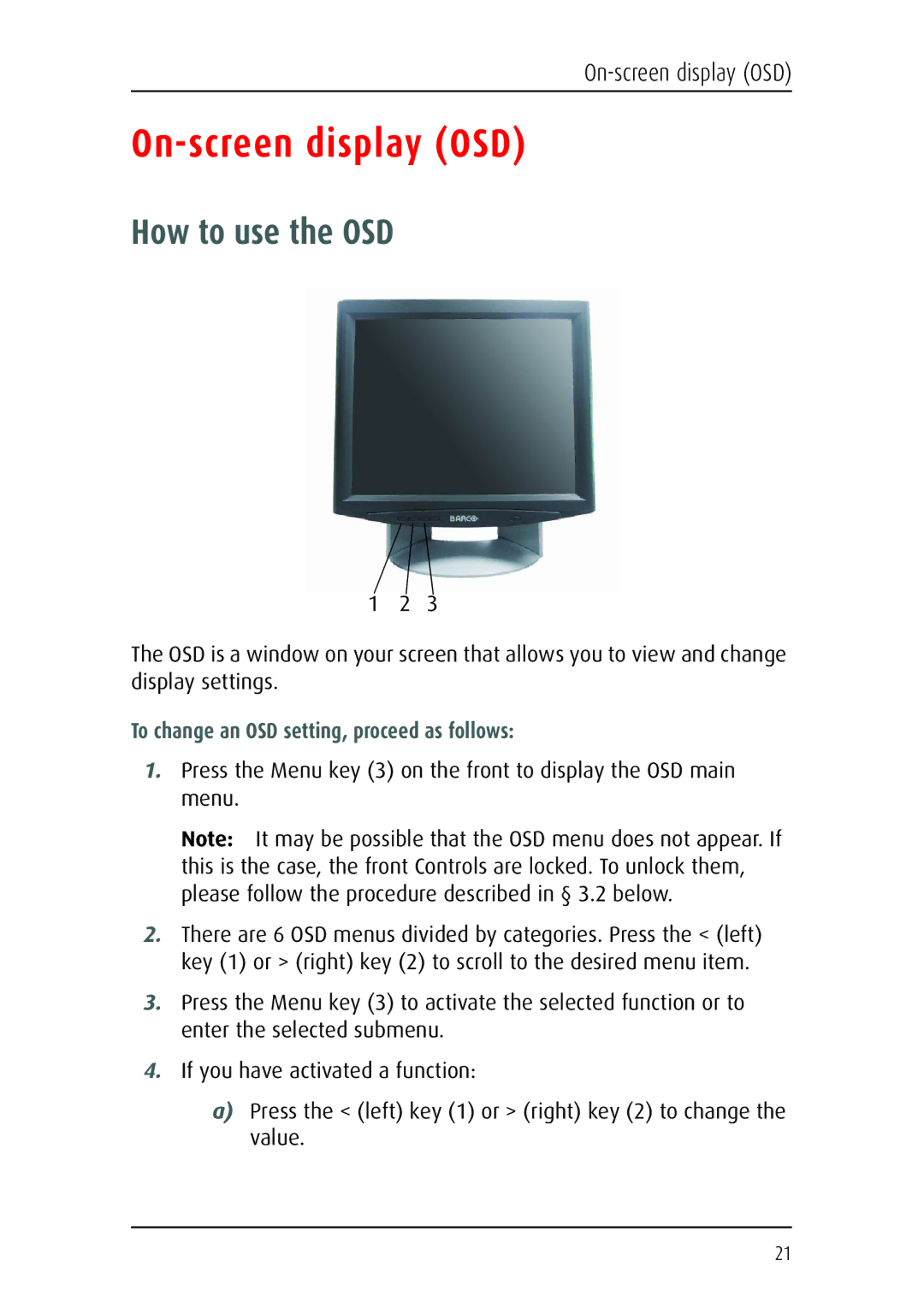 Barco MFCD 1219 (TS) user manual On-screen display OSD, How to use the OSD, To change an OSD setting, proceed as follows 