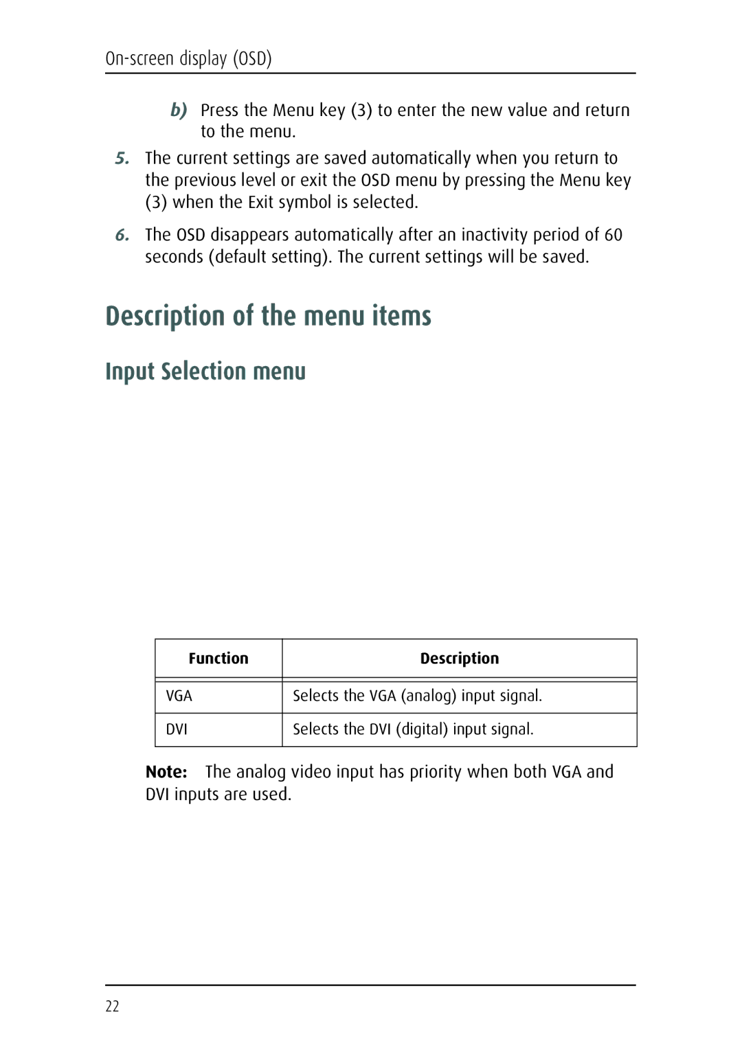 Barco MFCD 1219 (TS) user manual Description of the menu items, Input Selection menu 