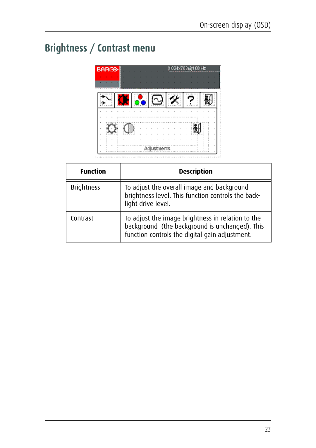 Barco MFCD 1219 (TS) user manual Brightness / Contrast menu 