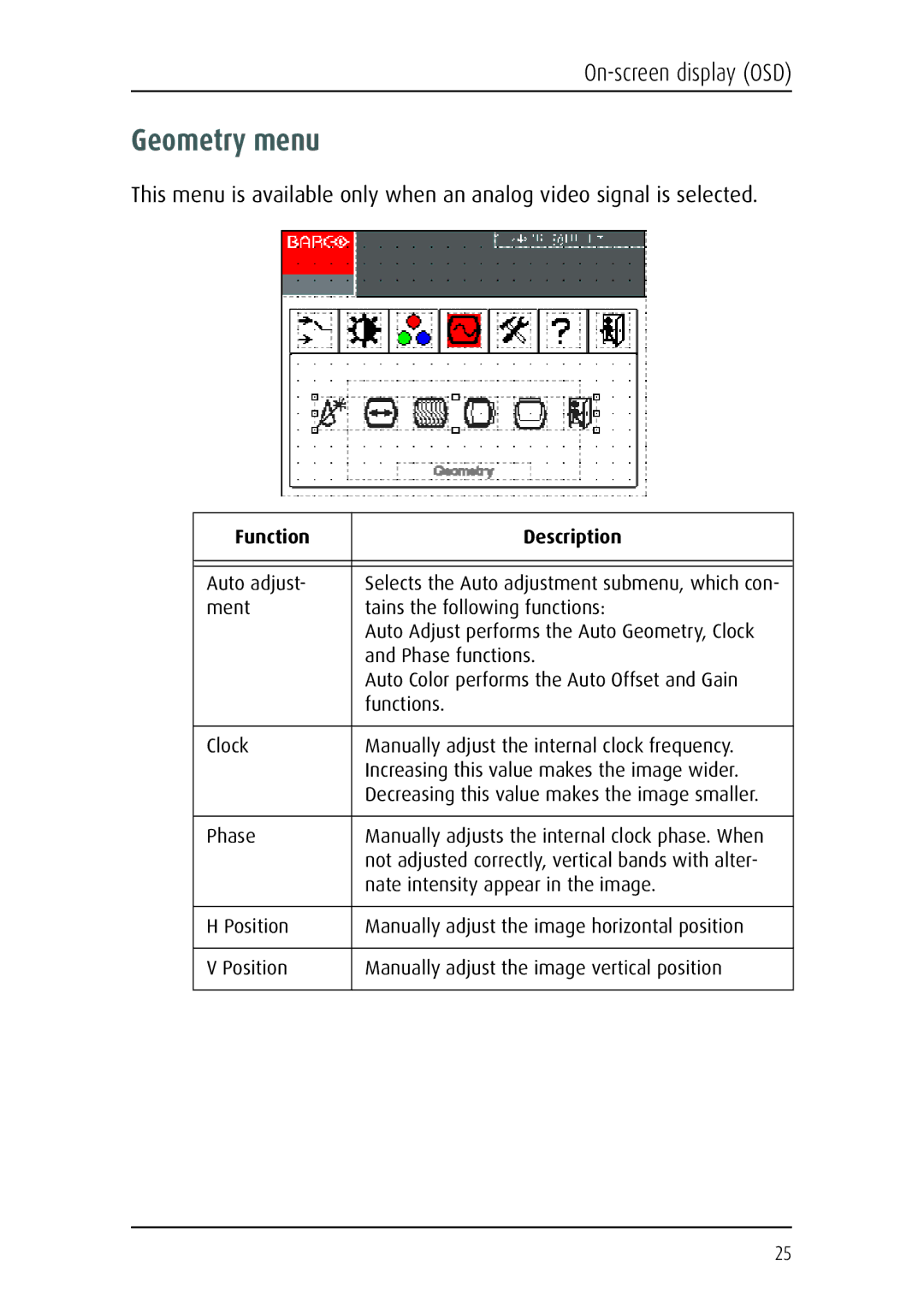 Barco MFCD 1219 (TS) user manual Geometry menu 