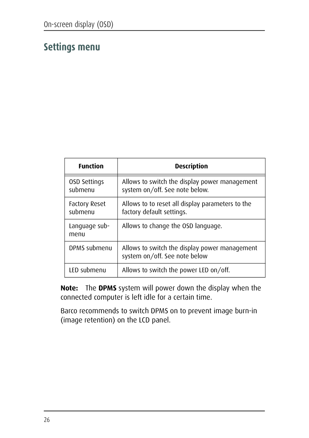 Barco MFCD 1219 (TS) user manual Settings menu 